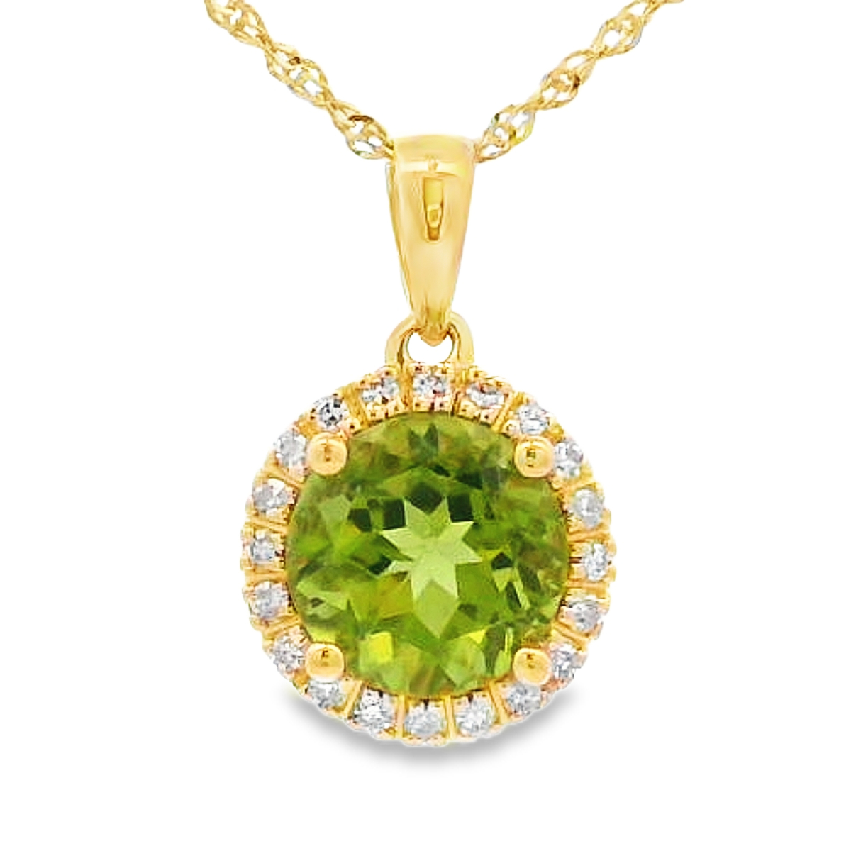 14K Yellow Gold Round Peridot & Diamond Halo Pendant