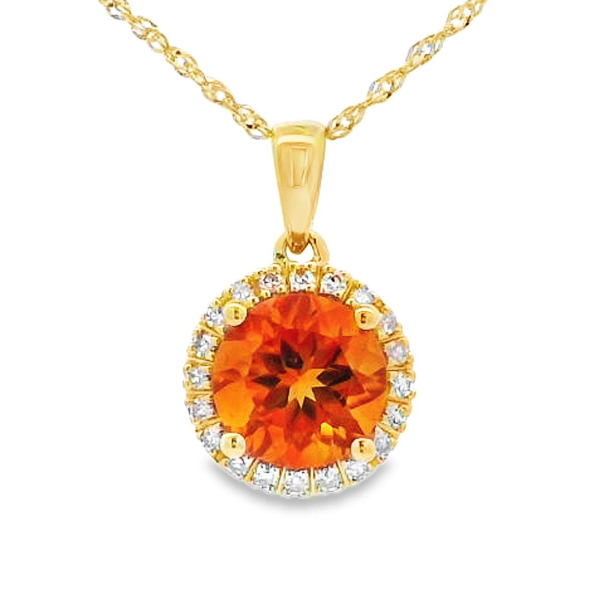 14K Yellow Gold Round Citrine & Diamond Halo Pendant