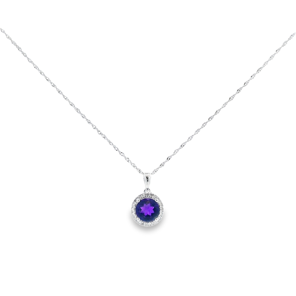 14K White Gold Round Amethyst & Diamond Halo Pendant
