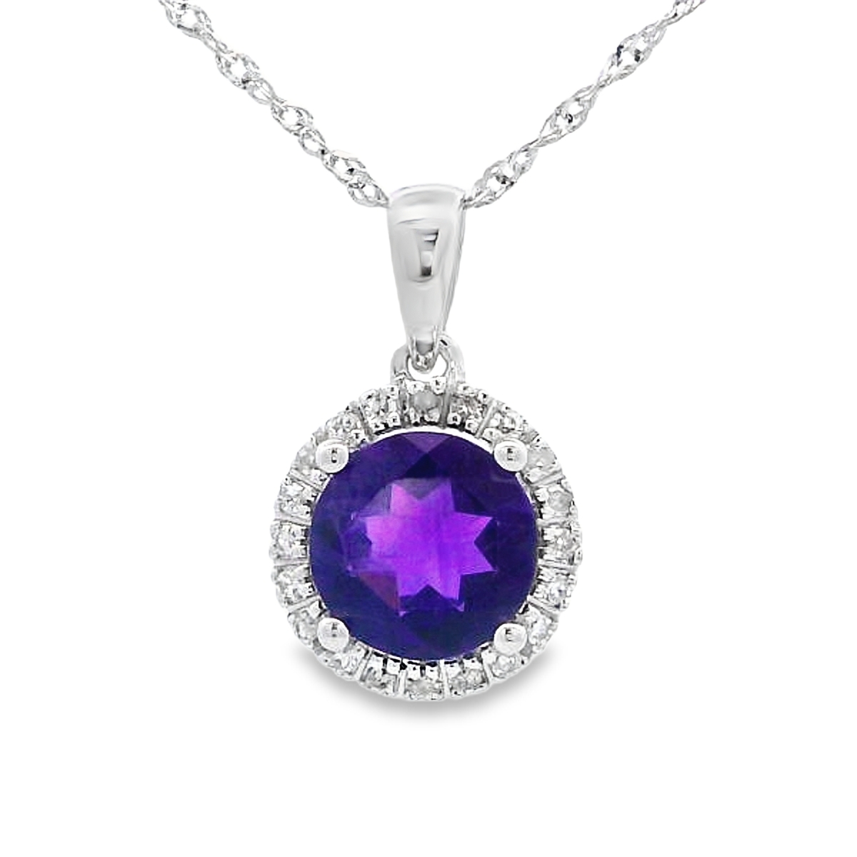 14K White Gold Round Amethyst & Diamond Halo Pendant