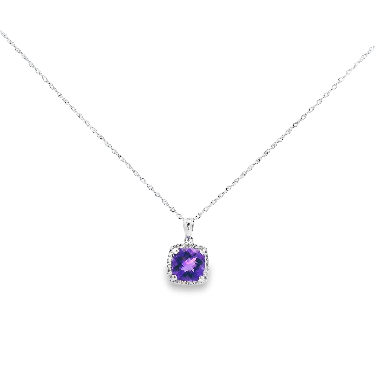 14K White Gold Cushion Amethyst & Diamond Halo Pendant