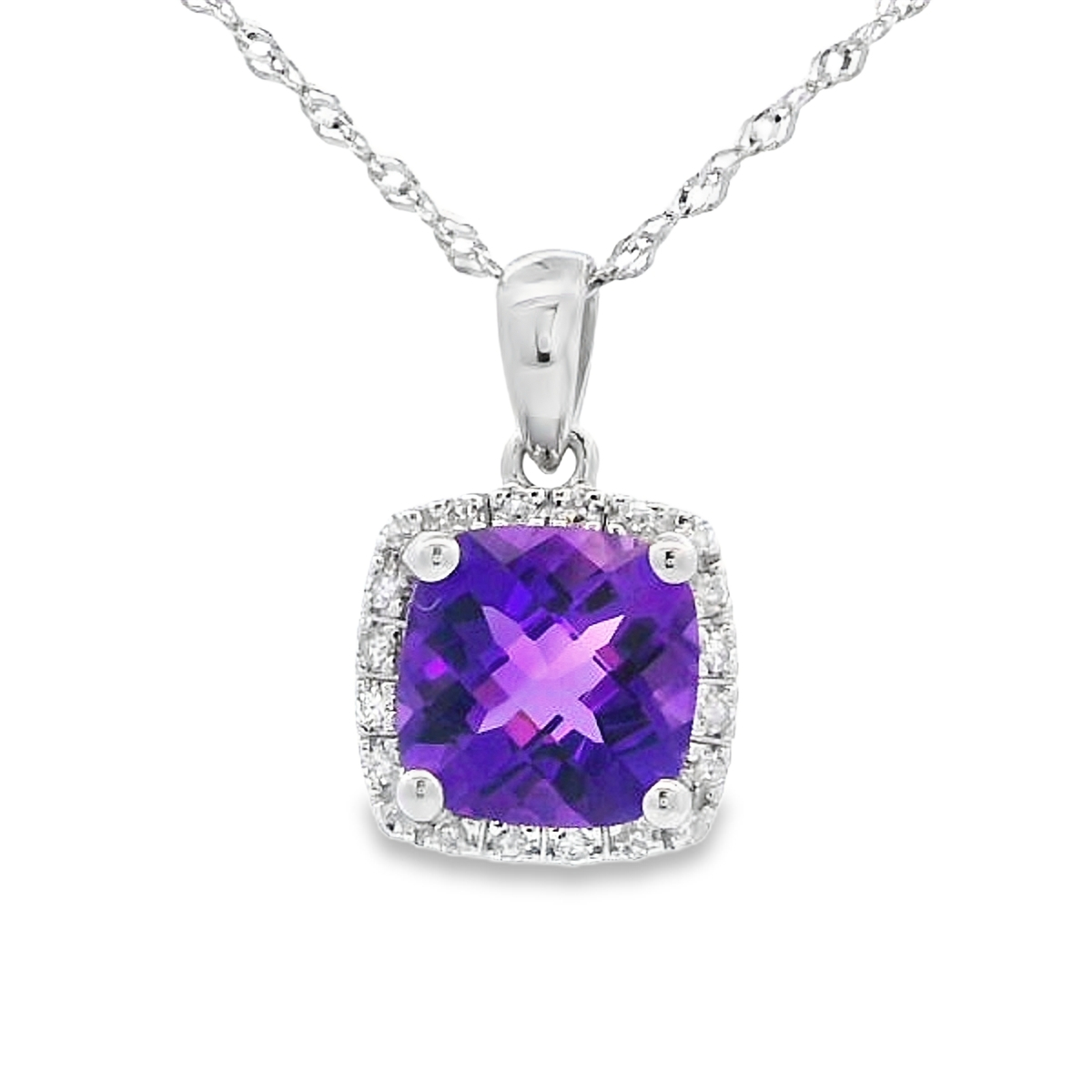 14K White Gold Cushion Amethyst & Diamond Halo Pendant