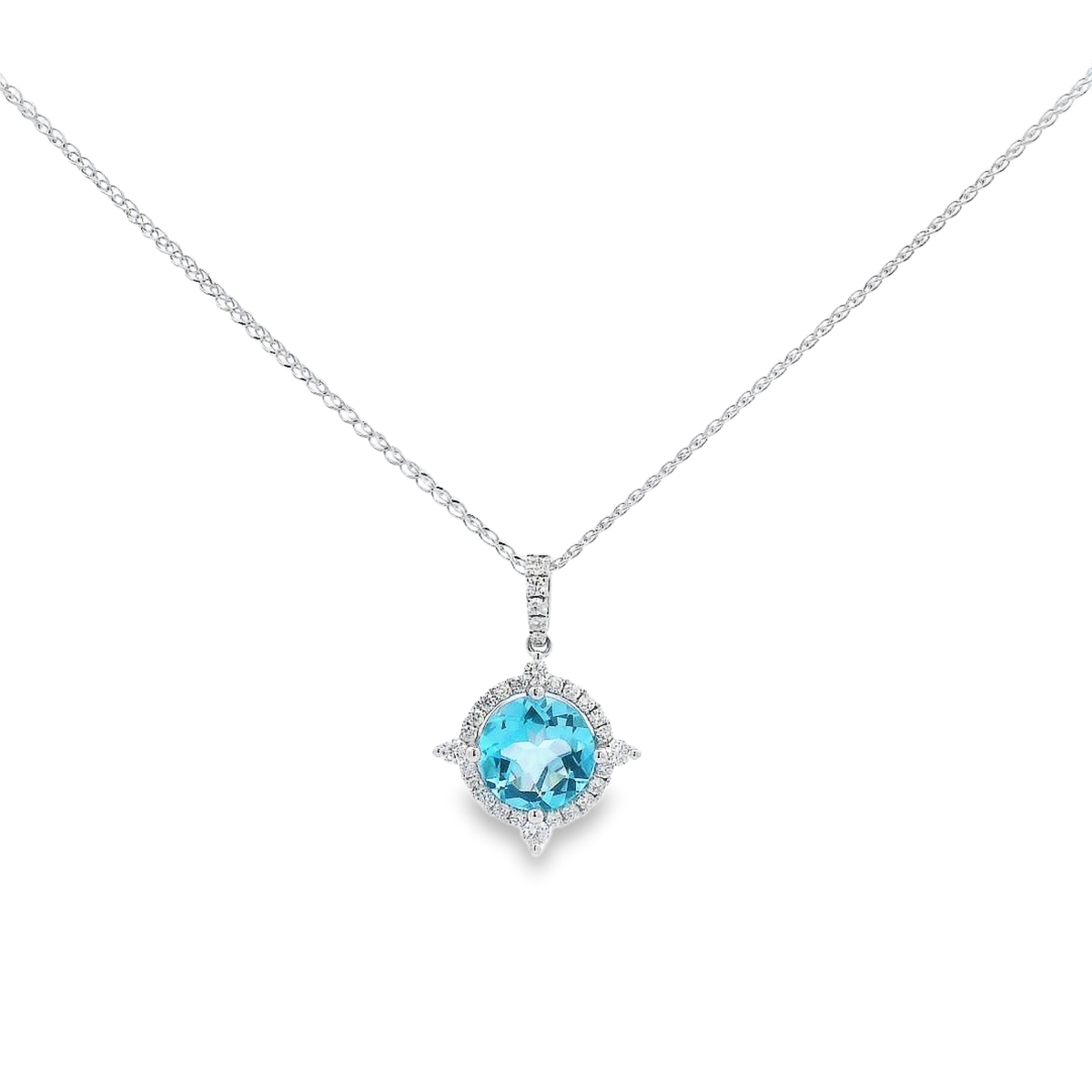 14K White Gold Blue Topaz & Diamond Compass Halo Pendant