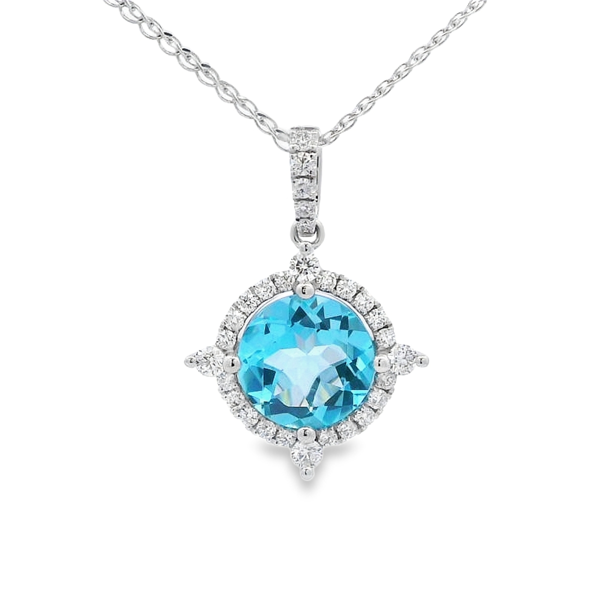 14K White Gold Blue Topaz & Diamond Compass Halo Pendant