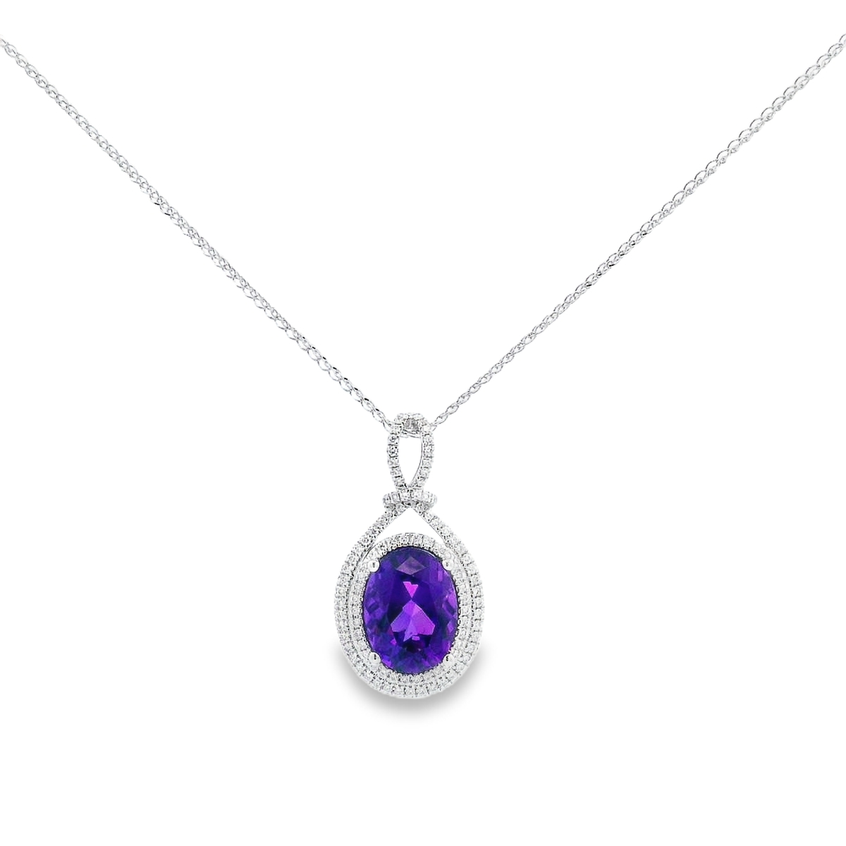14K White Gold Amethyst & Diamond Double Halo Pendant