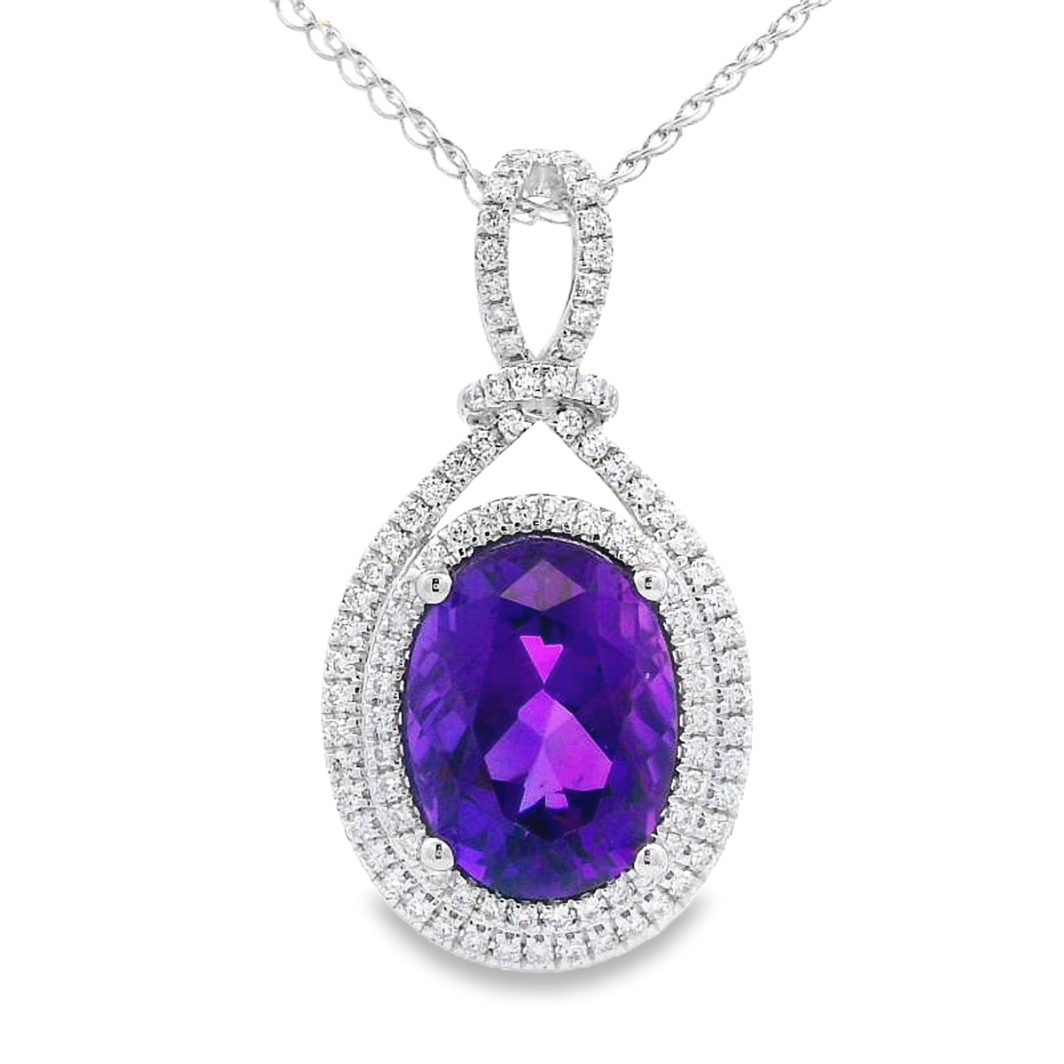 14K White Gold Amethyst & Diamond Double Halo Pendant