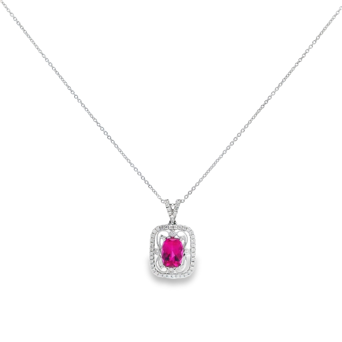 Simon G. 18K White Gold Rubellite Tourmaline Filigree Halo Pendant