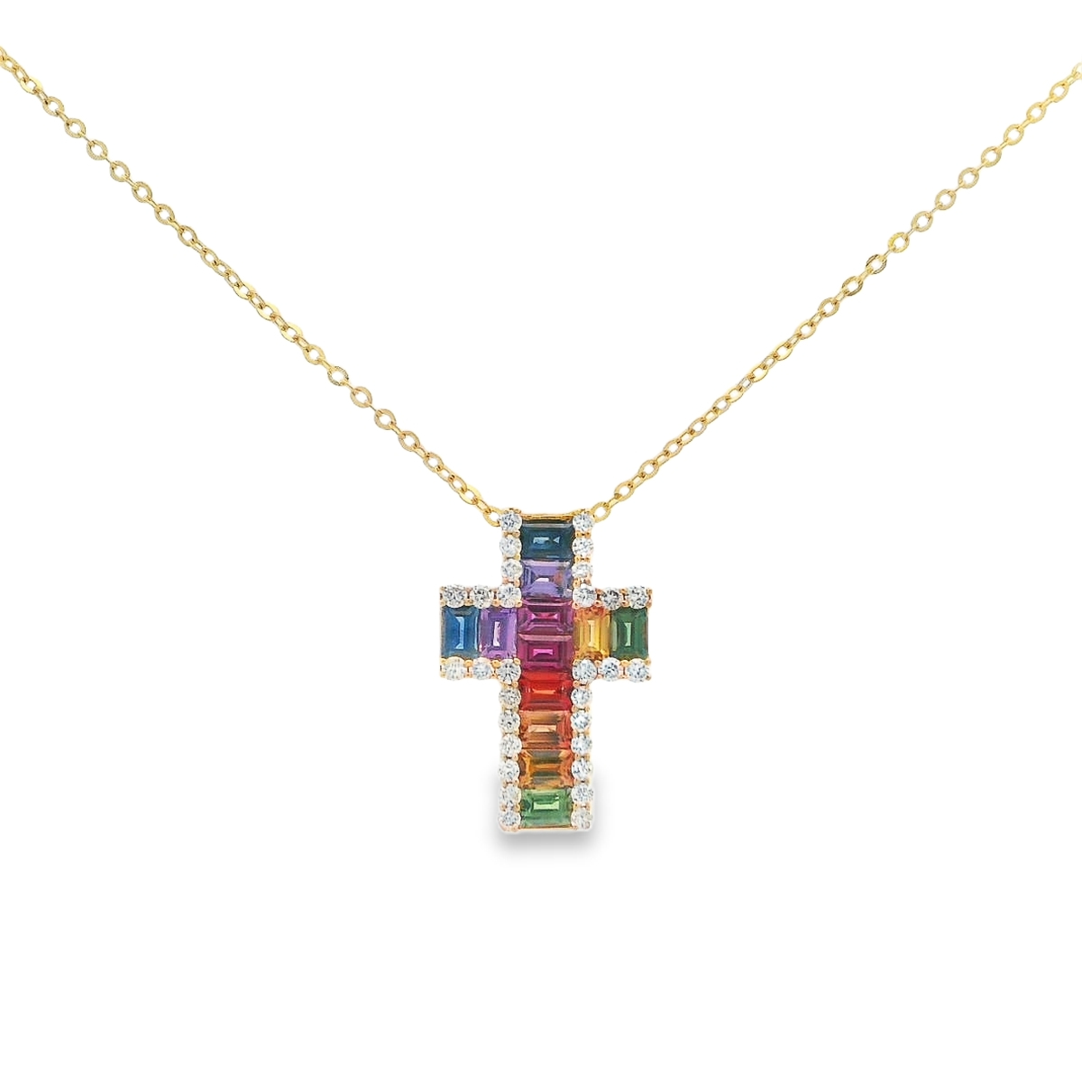 18K Yellow Gold Rainbow Sapphire & Diamond Cross Pendant