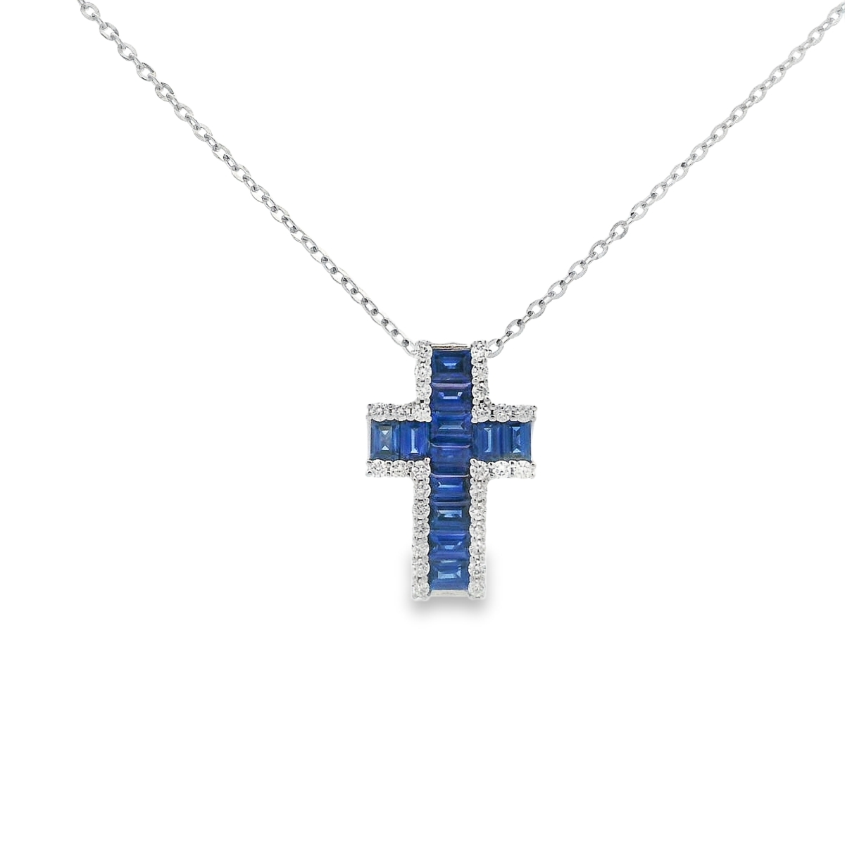 18K White Gold Blue Sapphire & Diamond Cross Pendant
