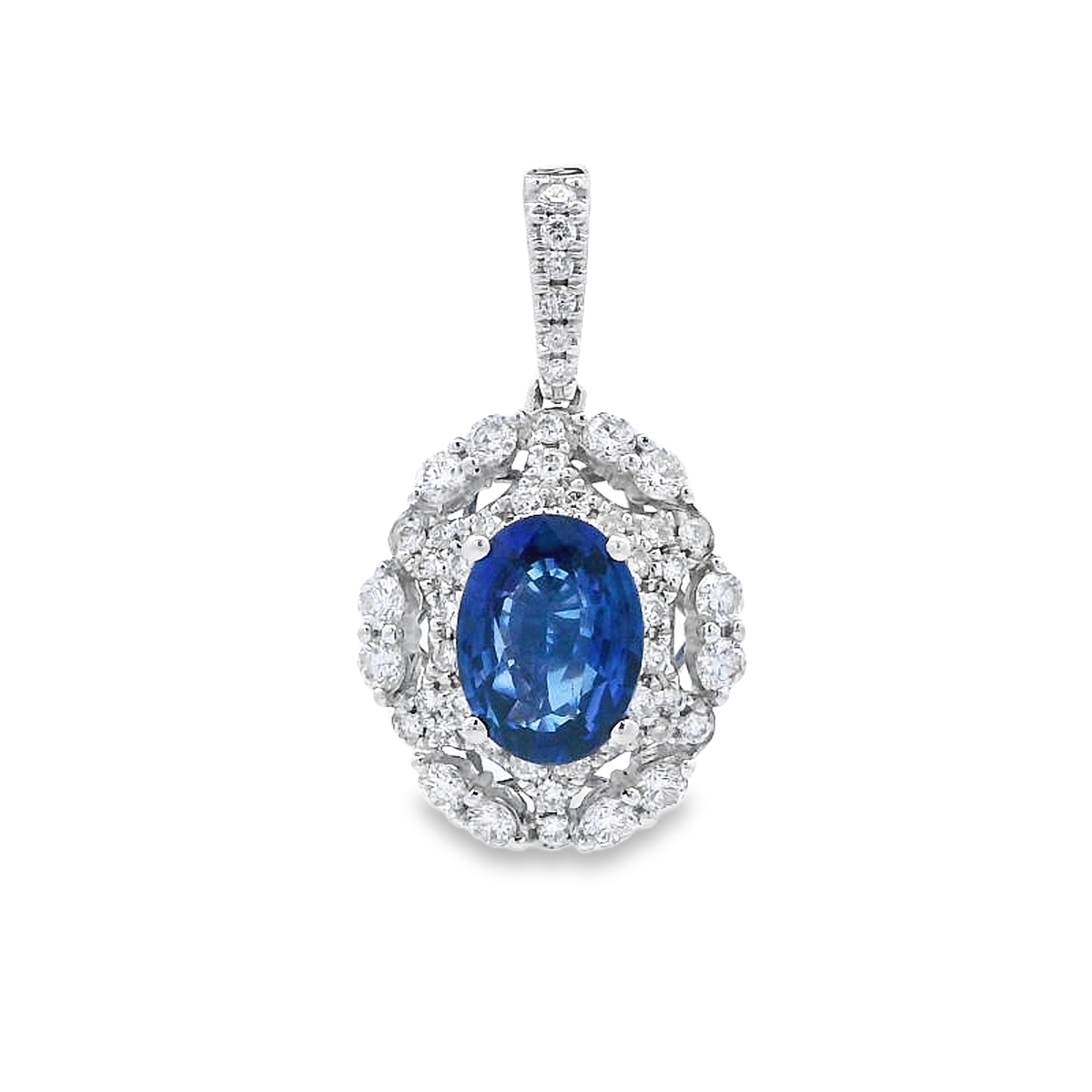 18K White Gold Oval Sapphire and Diamond Vintage-Style Pendant