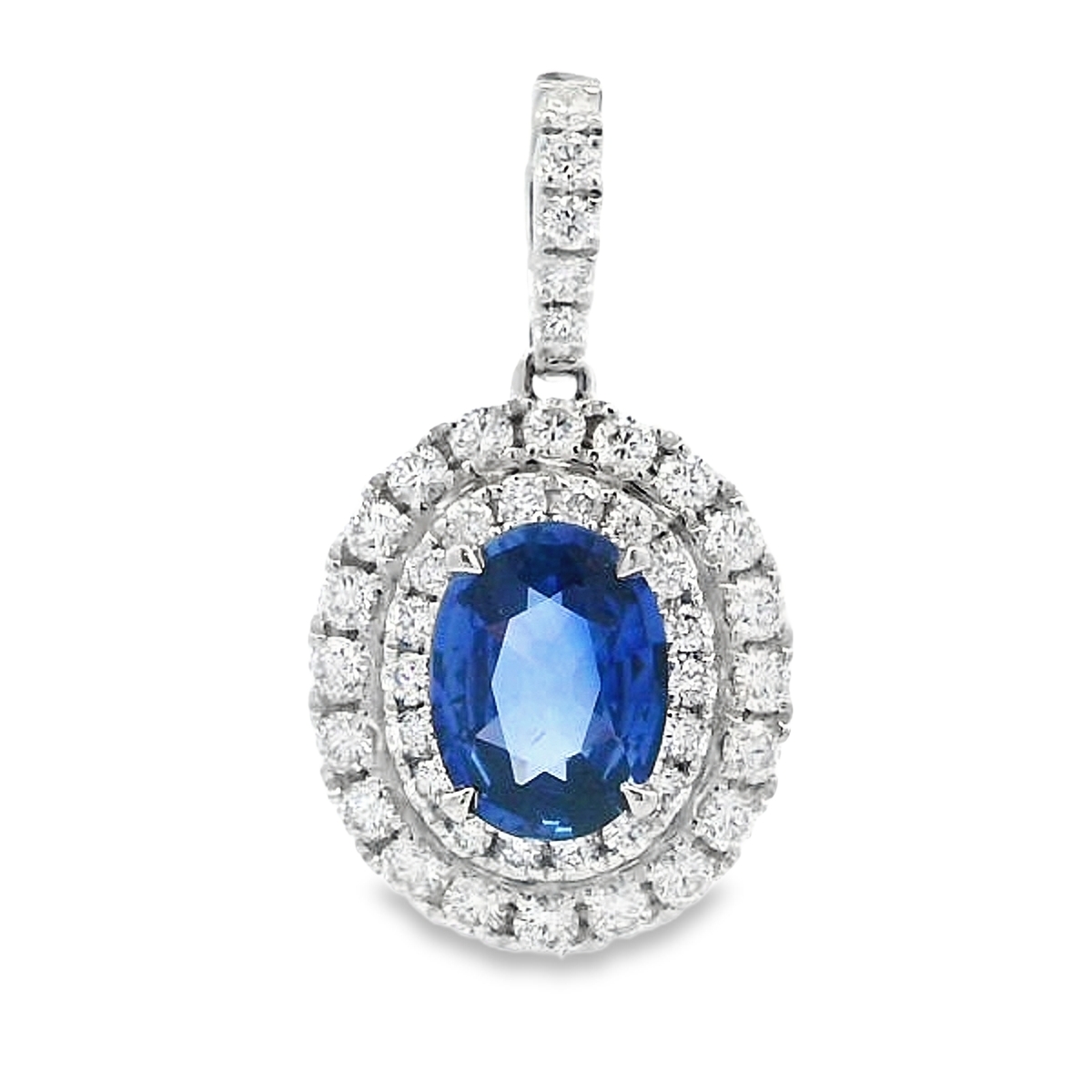 18K White Gold Oval Sapphire and Diamond Double Halo Pendant