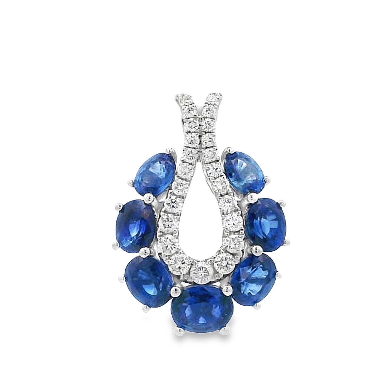 18K White Gold Blue Sapphire and Diamond Horsehoe-Shape Pendant