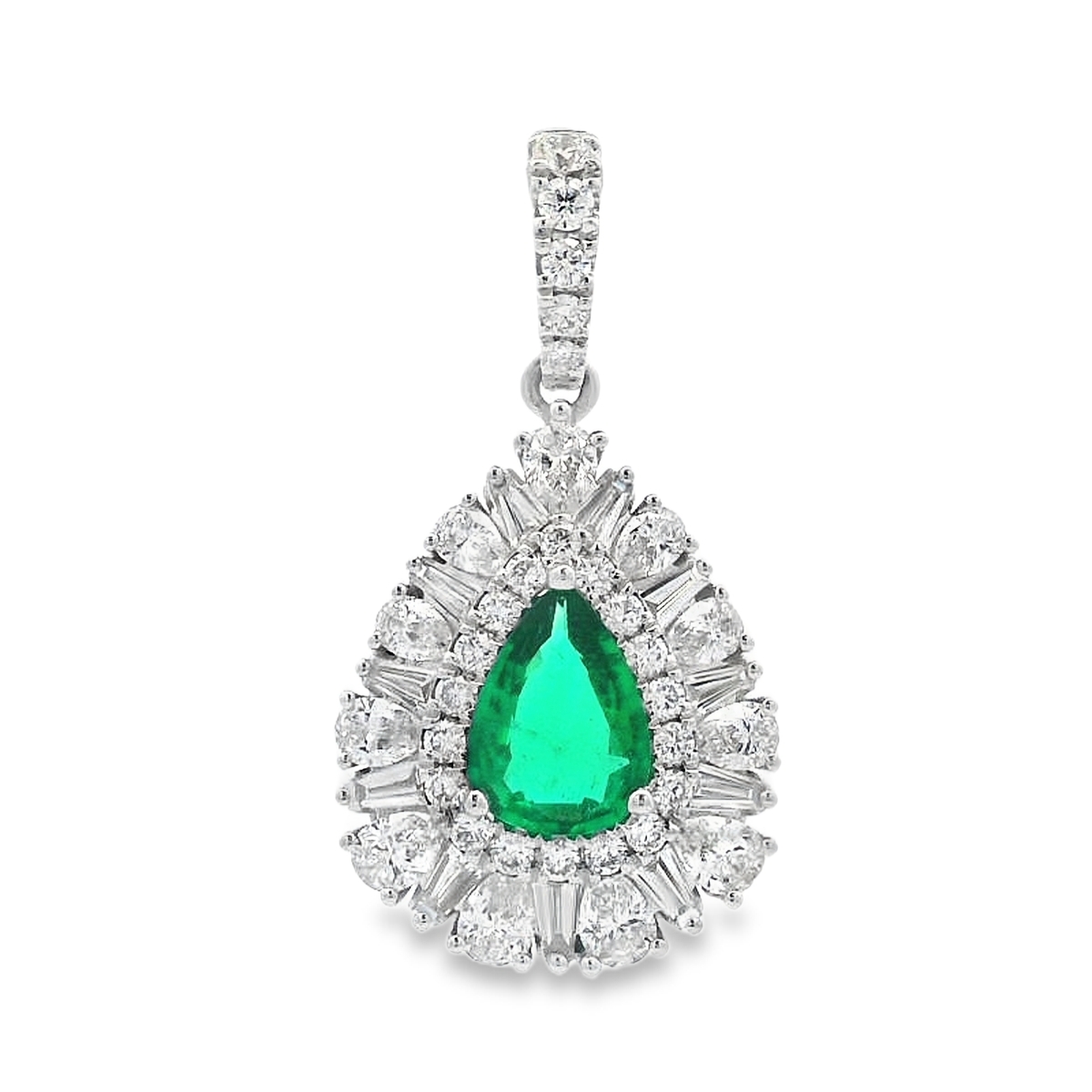 18K White Gold Pear-Shape Emerald and Diamond Burst Halo Pendant