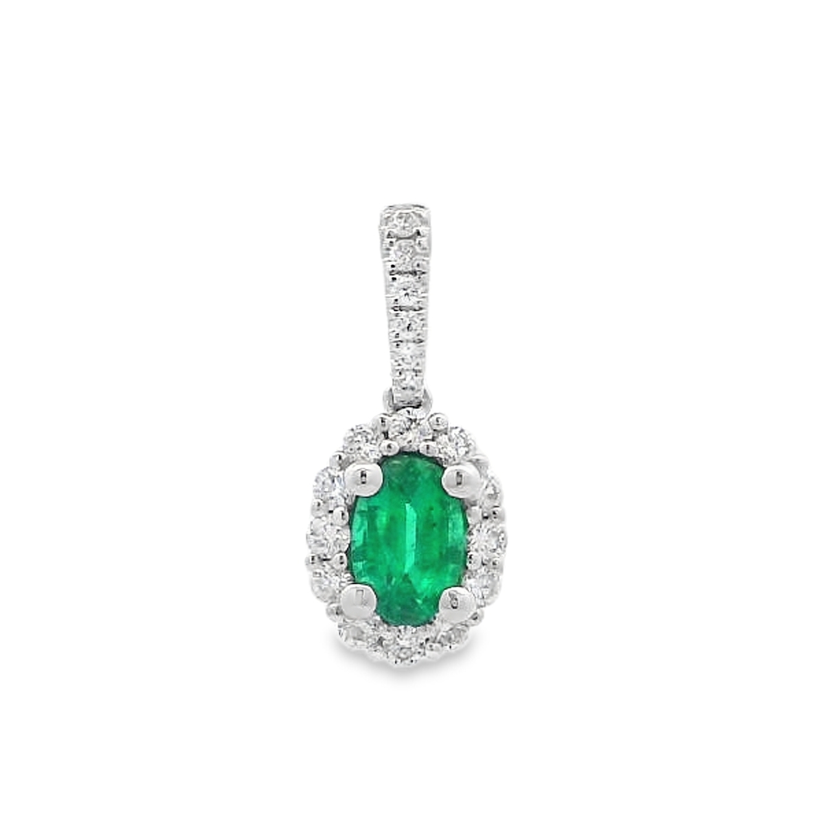 18K White Gold Emerald and Diamond Oval Small Pendant