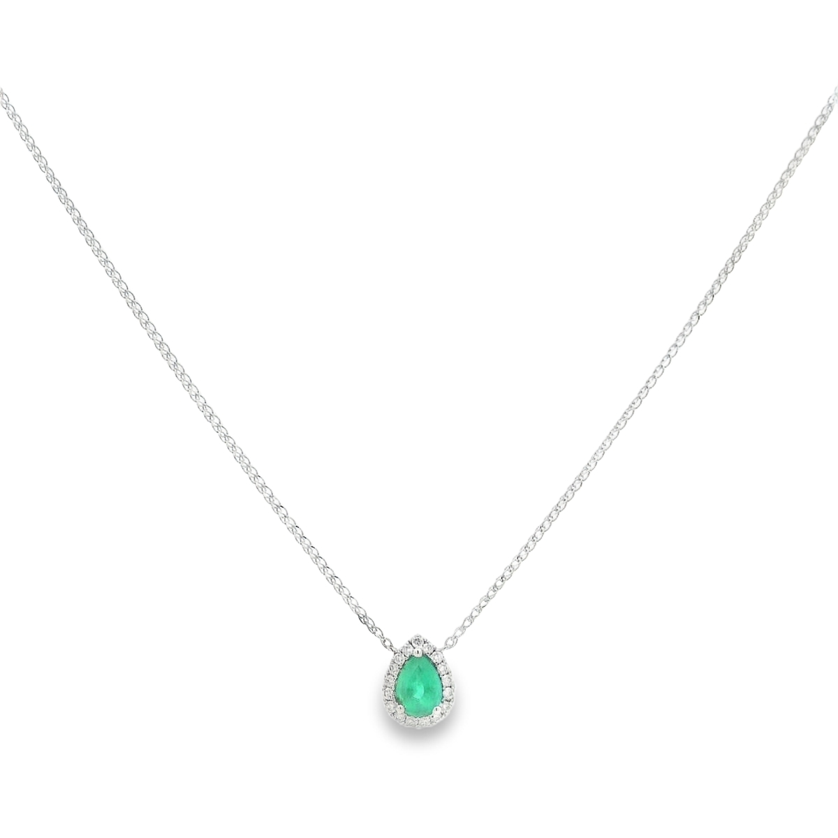 14K White Gold Pear Emerald and Diamond Halo Necklace 18 with 1 Pear Cut Emerald 0.48 CTW and 17 Round Diamonds 0.16 CTW G-H SI