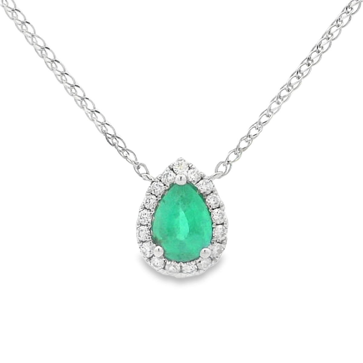 14K White Gold Pear Emerald and Diamond Halo Necklace 18