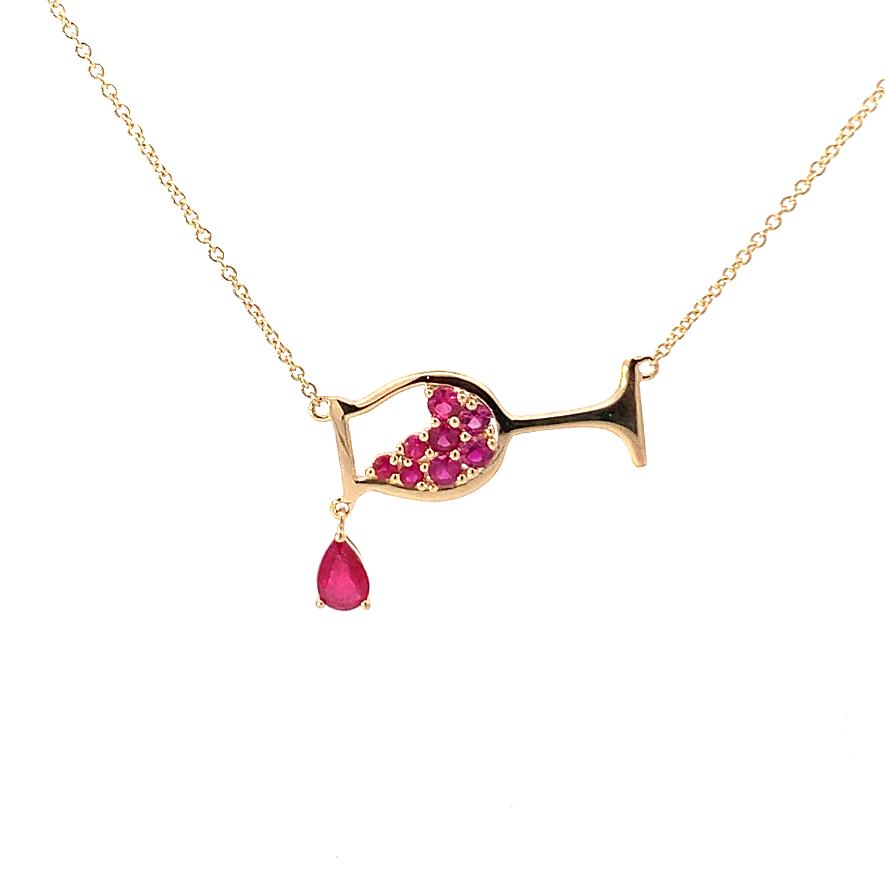 14K Yellow Gold Ruby Pouring Wineglass Necklace
