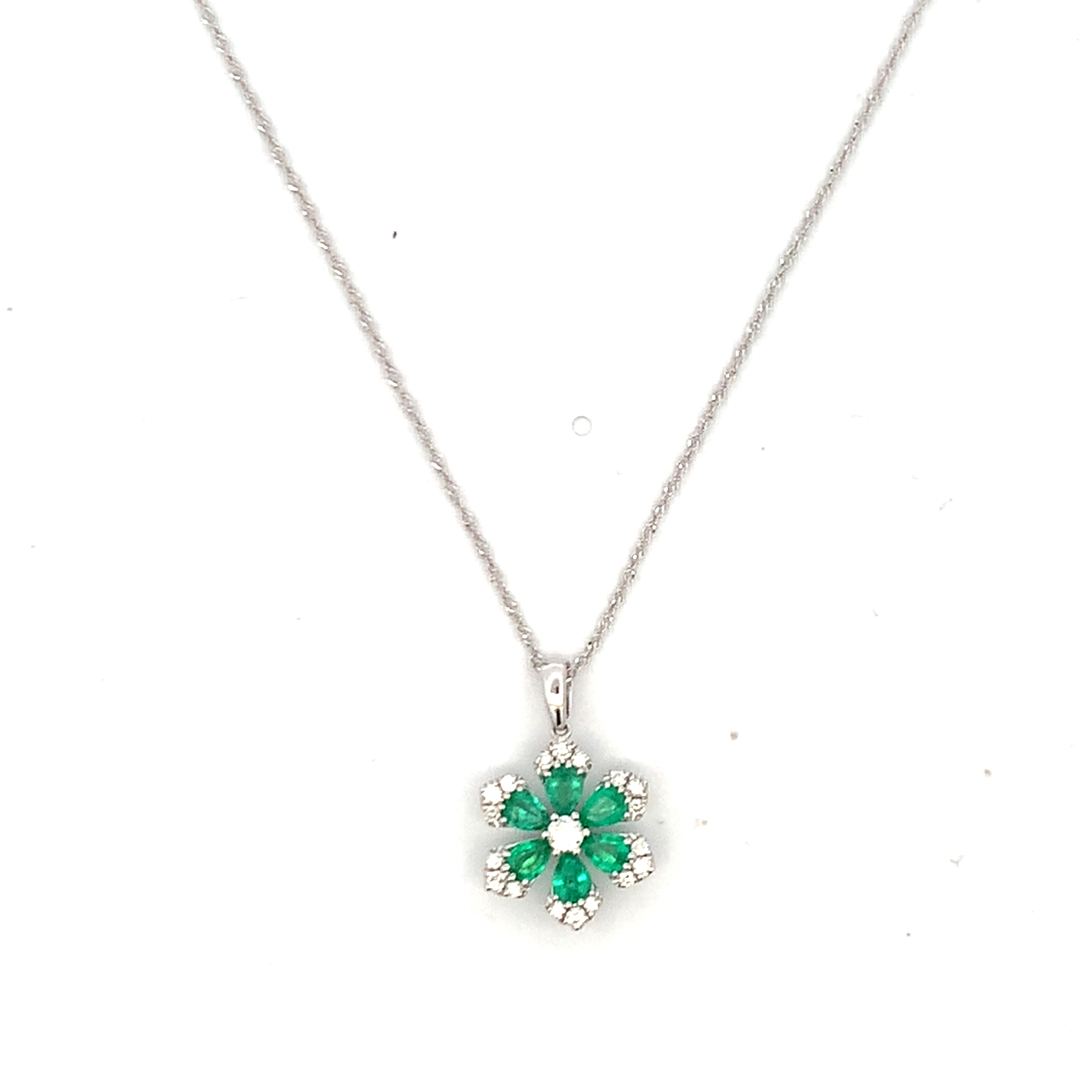 14K White Gold Emerald and Diamond Flower Necklace 18 with 6 Pear Cut Emeralds 0.74 CTW and 19 Round Cut Diamonds 0.28 CTW G-H SI1