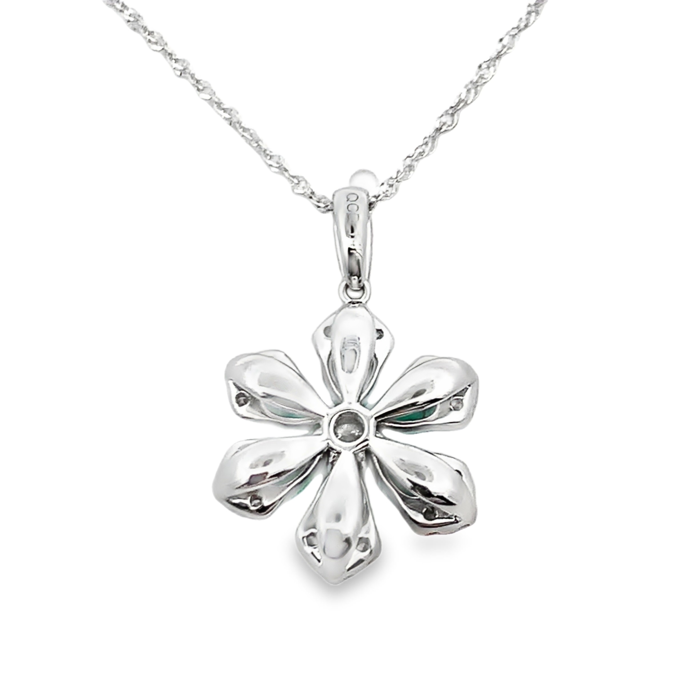 14K White Gold Emerald and Diamond Flower Necklace 18 with 6 Pear Cut Emeralds 0.74 CTW and 19 Round Cut Diamonds 0.28 CTW G-H SI1