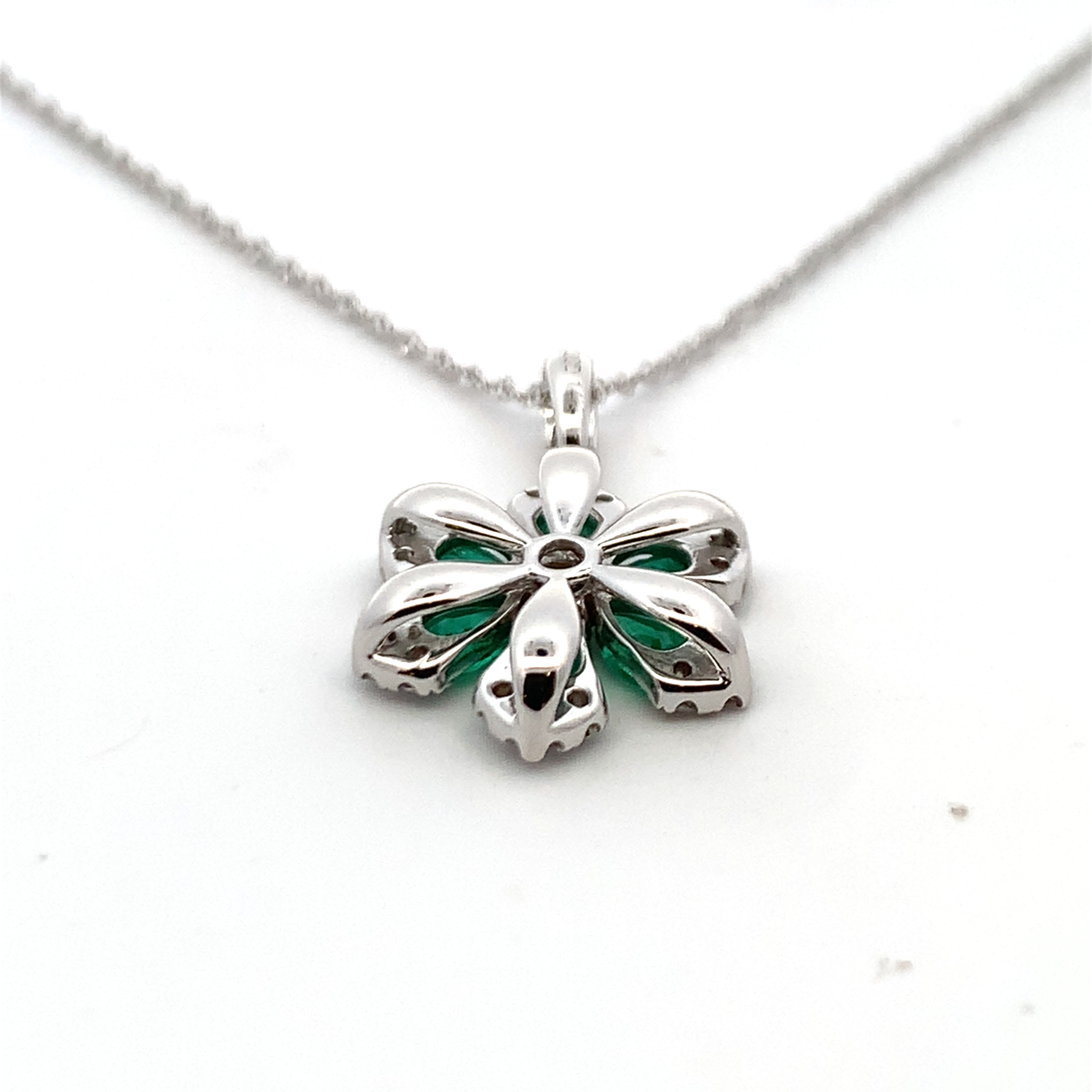 14K White Gold Emerald and Diamond Flower Necklace 18 with 6 Pear Cut Emeralds 0.74 CTW and 19 Round Cut Diamonds 0.28 CTW G-H SI1