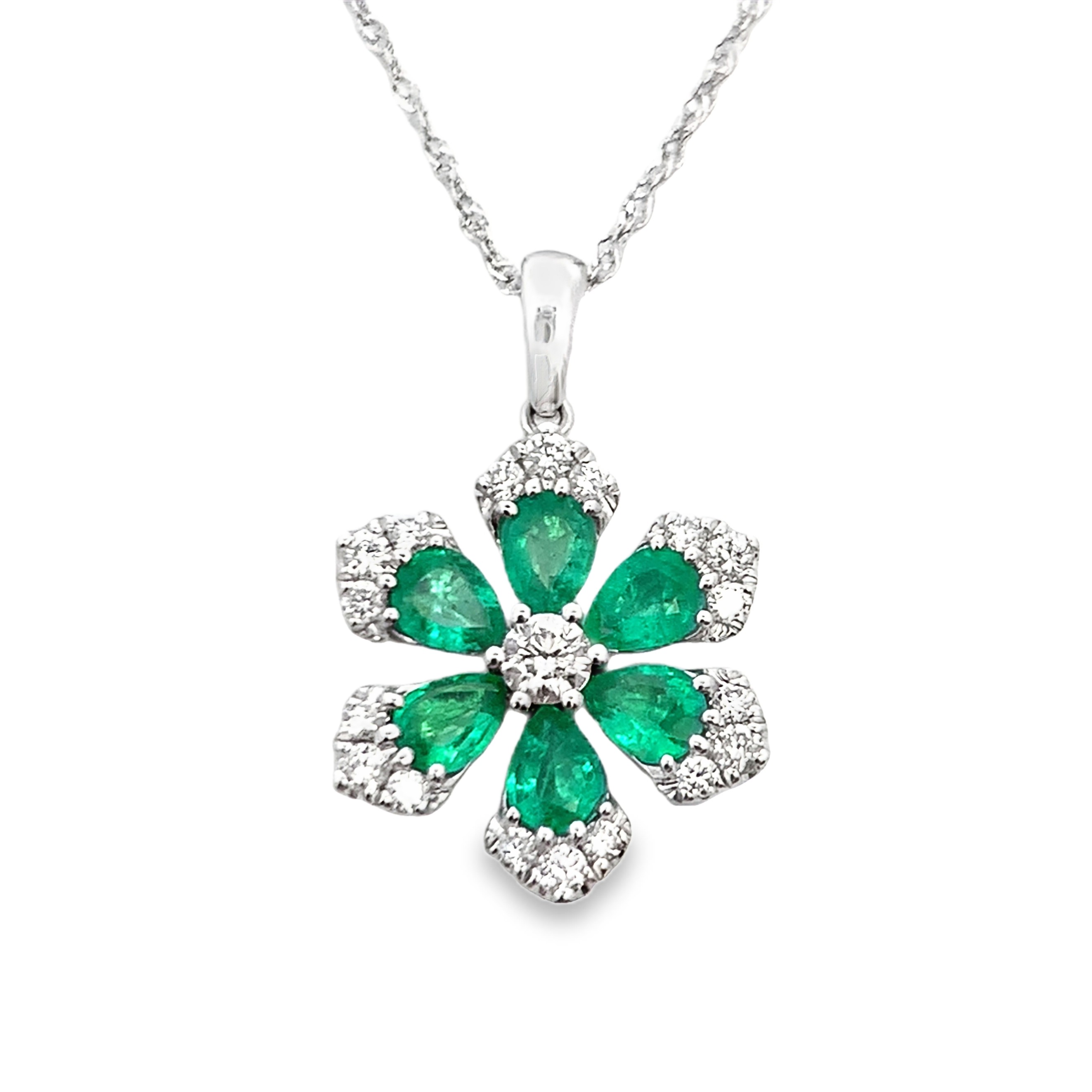 14K White Gold Emerald and Diamond Flower Necklace 18