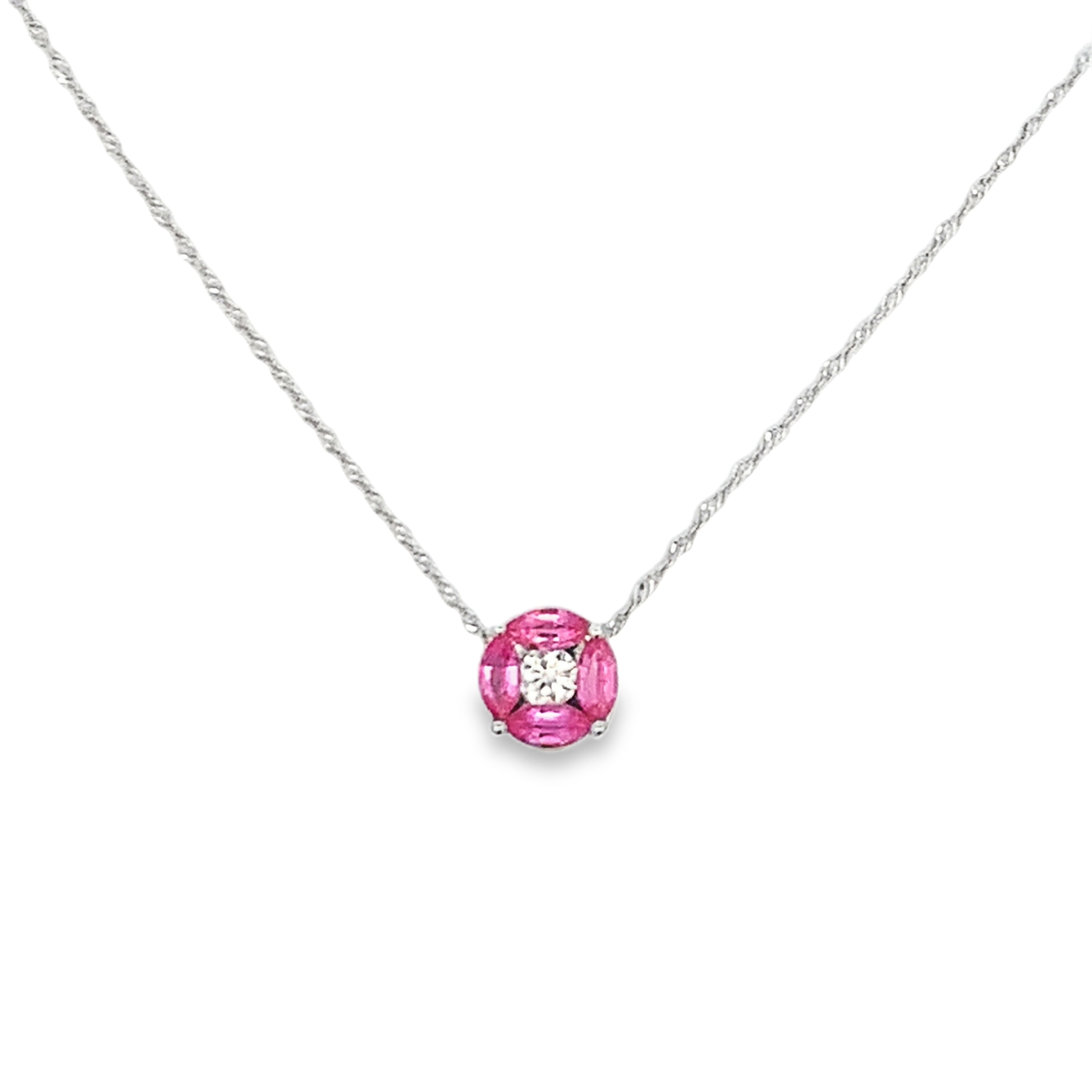 14K White Gold Pink Sapphire and Diamond Cluster Necklace 18