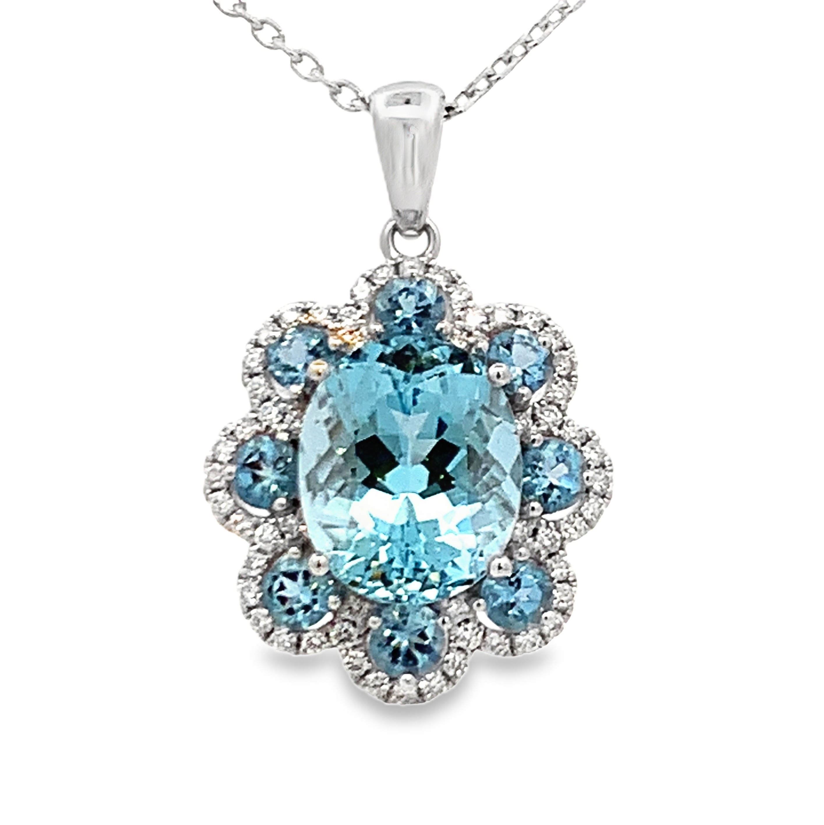 14K White Gold Diamond and Aquamarine Necklace 18 with 1 Oval and 8 Round Aquamarines 4.42ct and Round Diamonds 0.30ct G-H VS