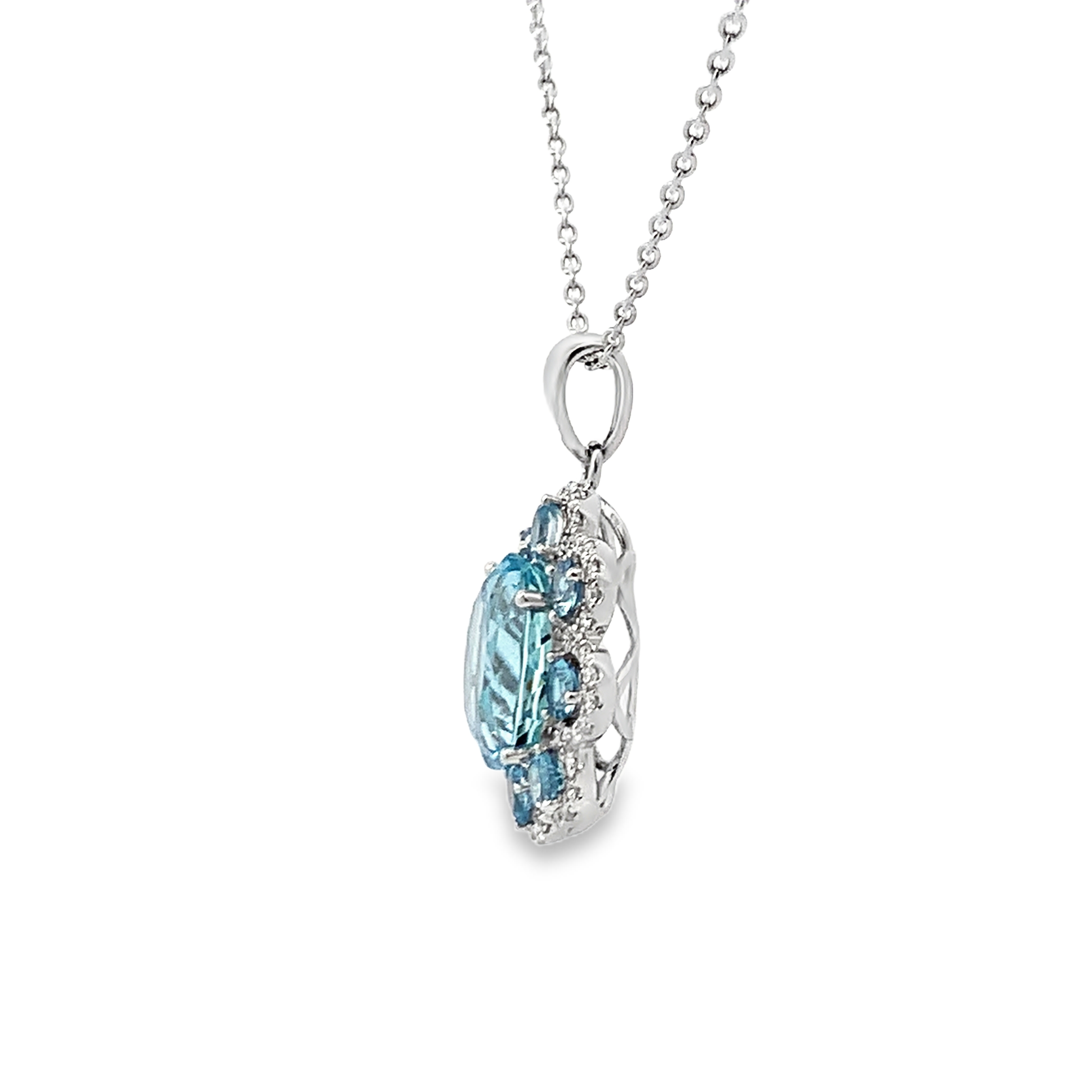 14K White Gold Diamond and Aquamarine Necklace 18 with 1 Oval and 8 Round Aquamarines 4.42ct and Round Diamonds 0.30ct G-H VS