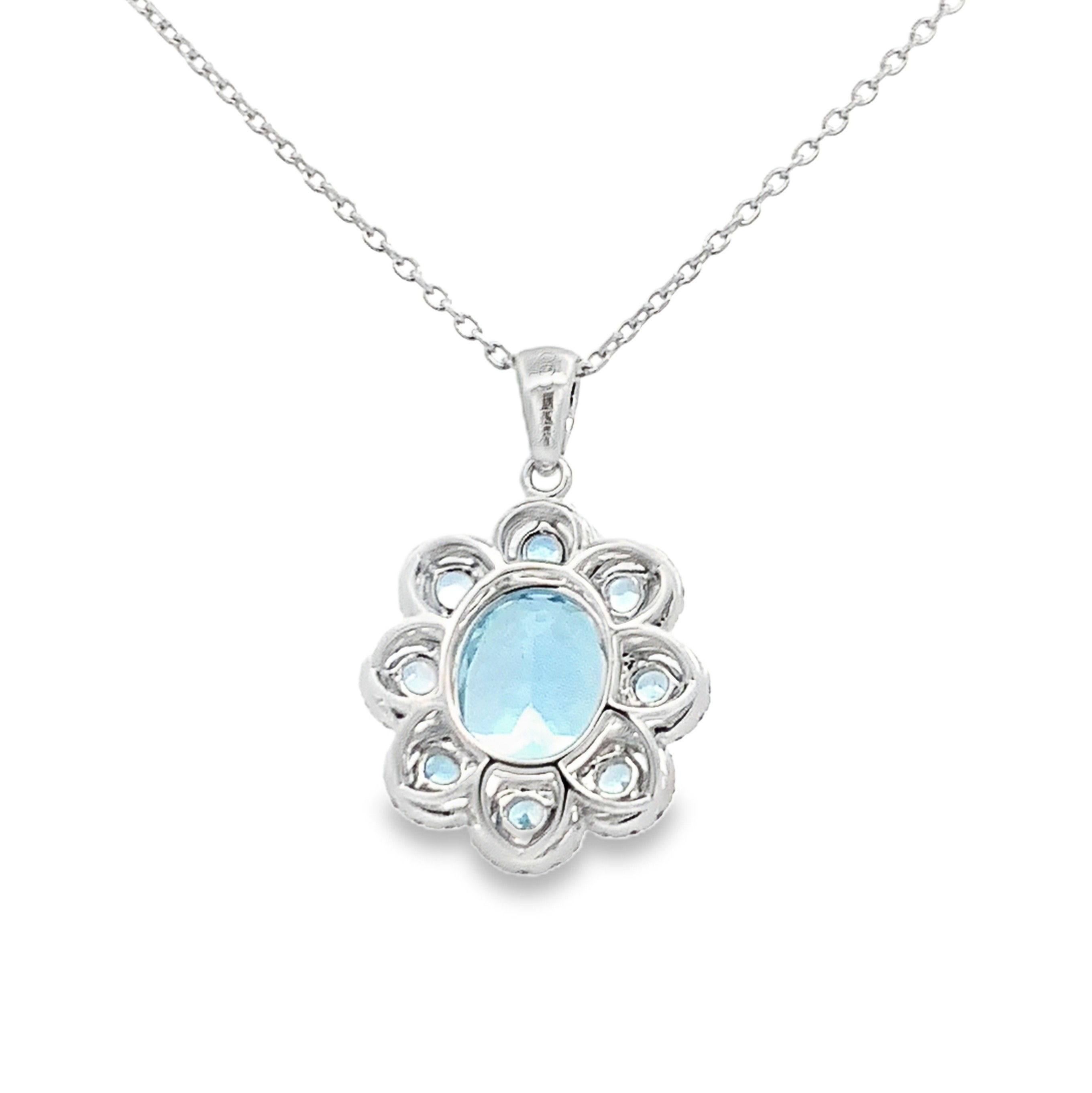 14K White Gold Diamond and Aquamarine Necklace 18 with 1 Oval and 8 Round Aquamarines 4.42ct and Round Diamonds 0.30ct G-H VS