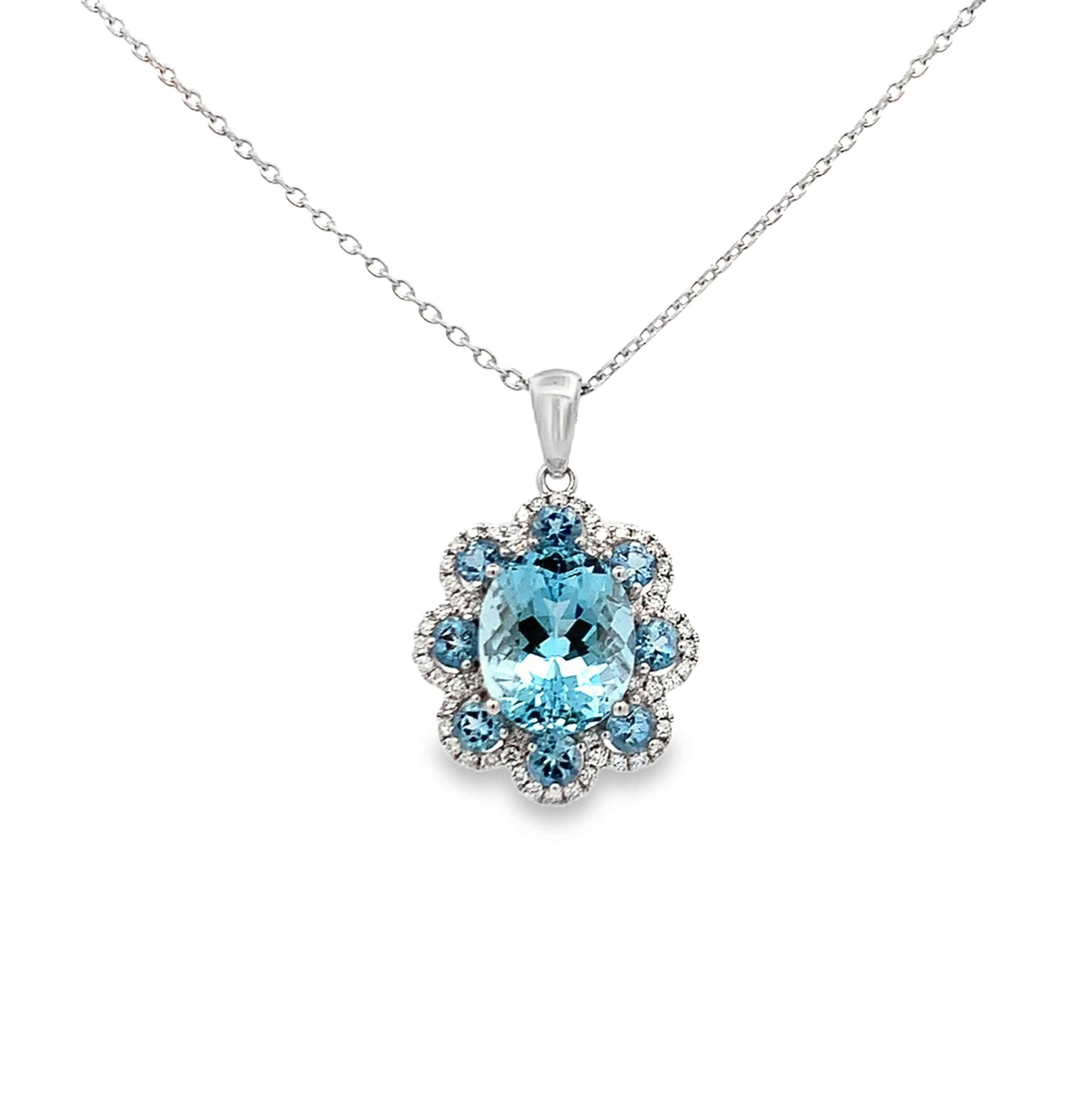14K White Gold Diamond and Aquamarine Necklace 18