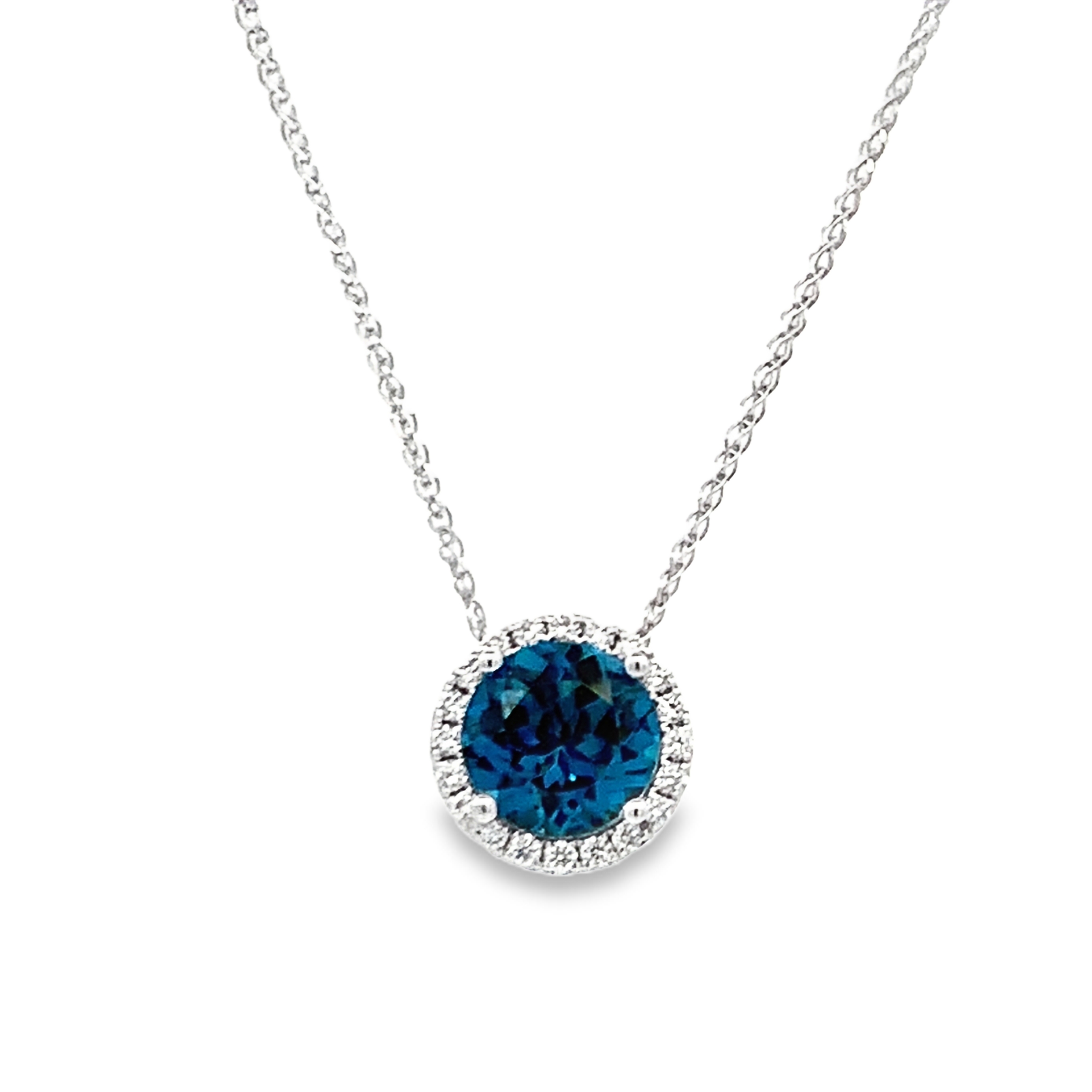 14K White Gold Round London Blue Topaz Diamond Necklace