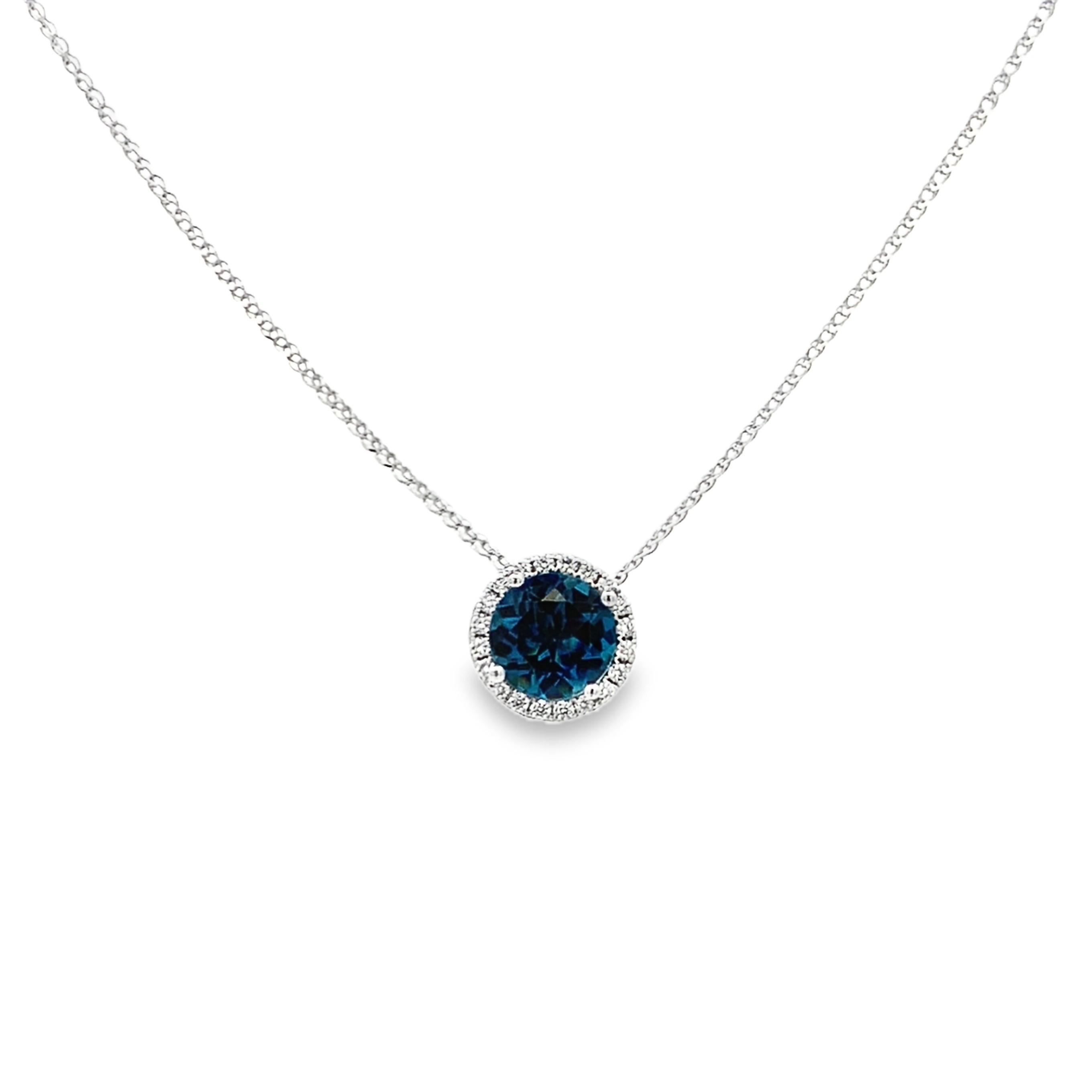 14K White Gold Round London Blue Topaz Diamond Necklace