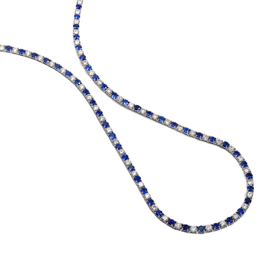 18K White Gold Sapphires and Diamond Tennis Necklace