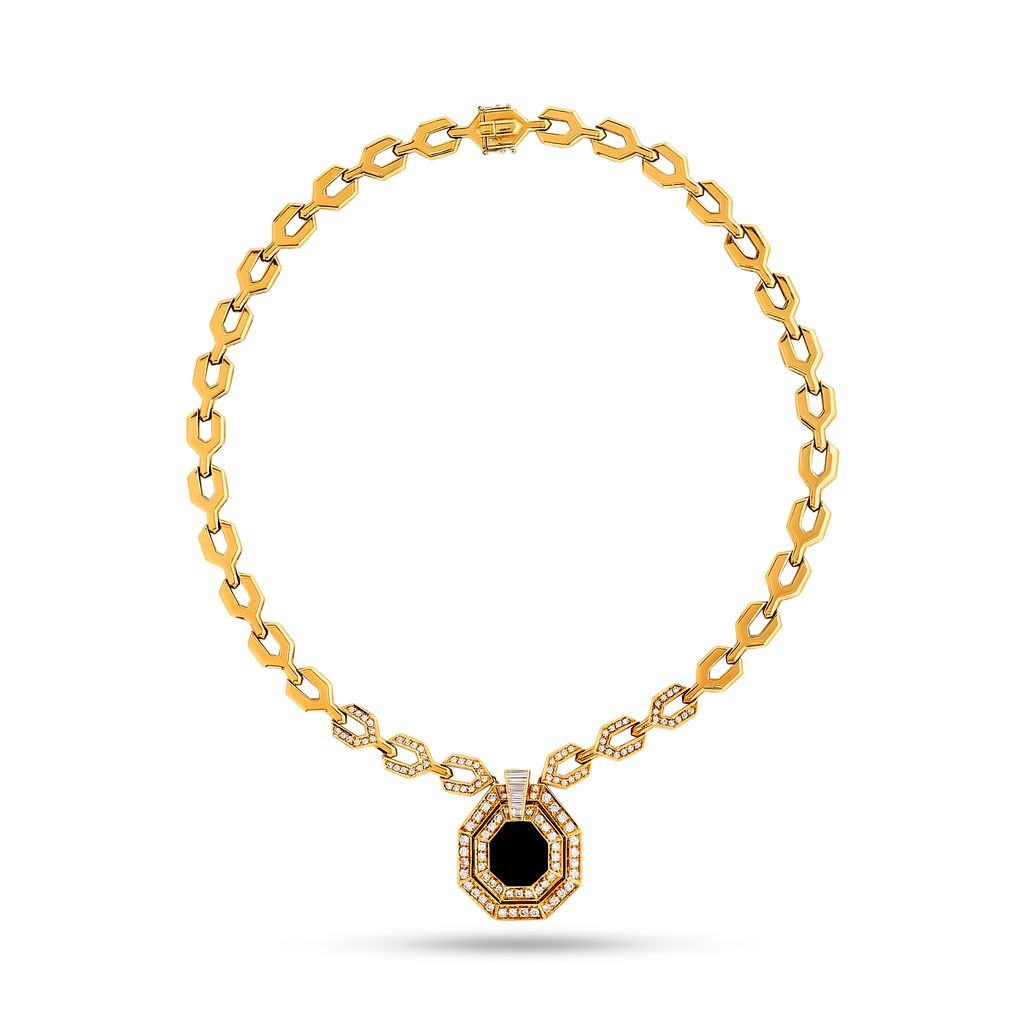 David Rovinsky 18K Yellow Gold Diamond and Onyx Necklace 19.5