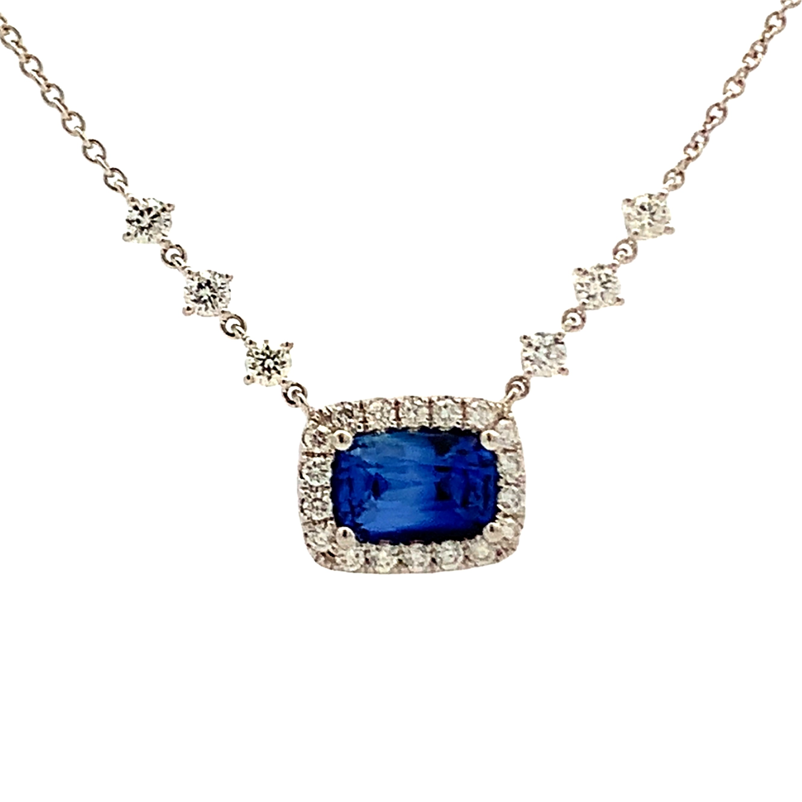 18K White Gold Cushion Sapphire and Diamond Halo Necklace