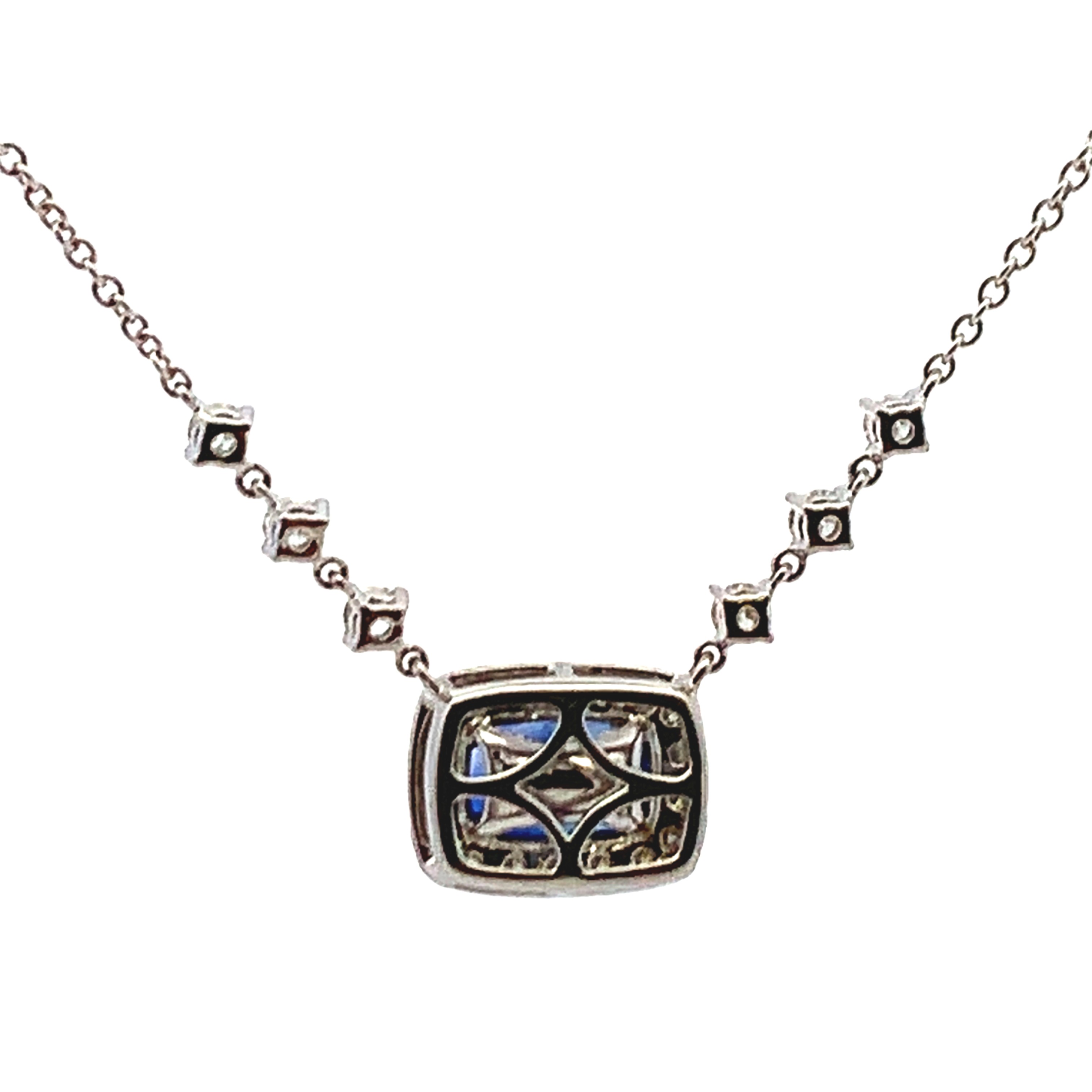 18K White Gold Cushion Sapphire and Diamond Halo Necklace