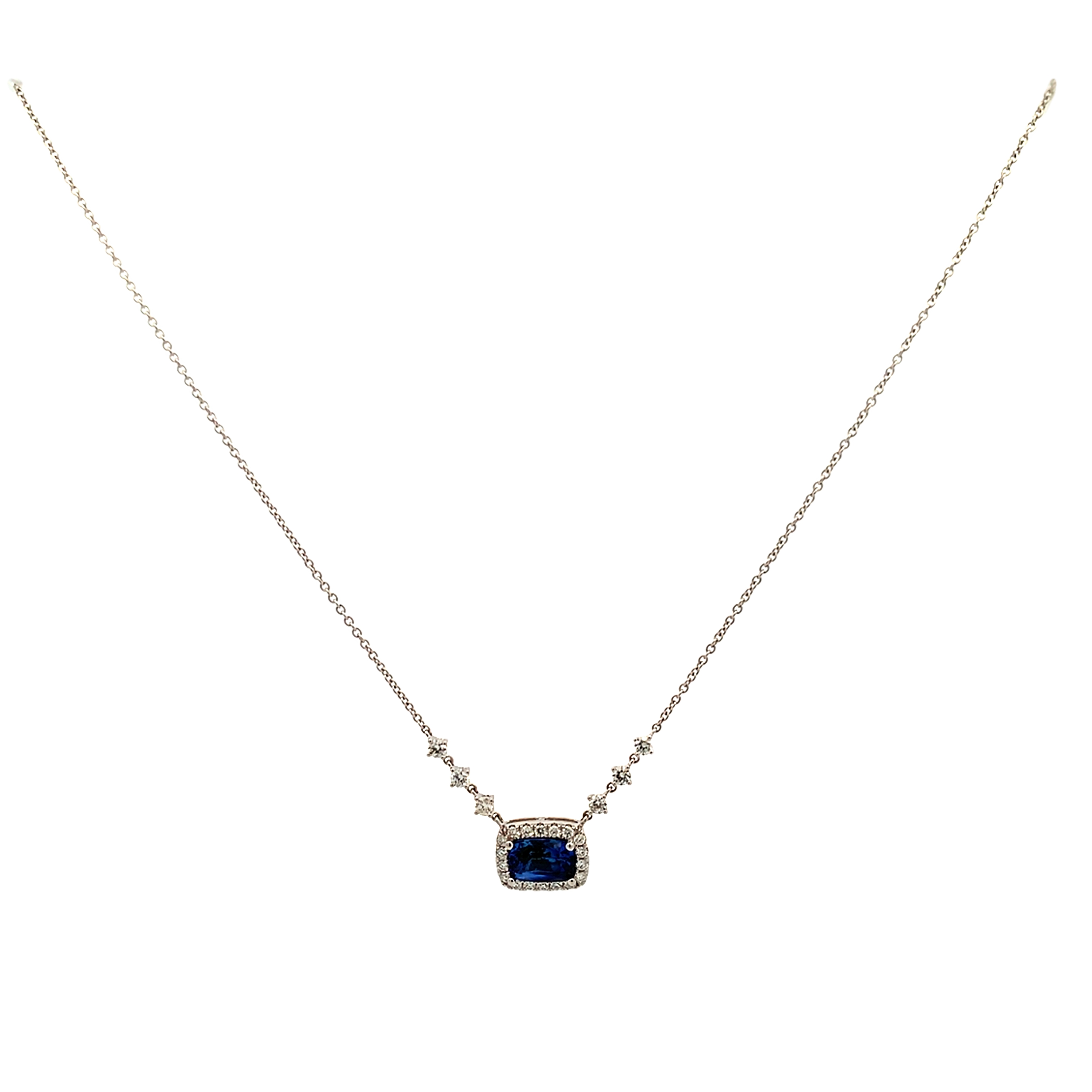 18K White Gold Cushion Sapphire and Diamond Halo Necklace