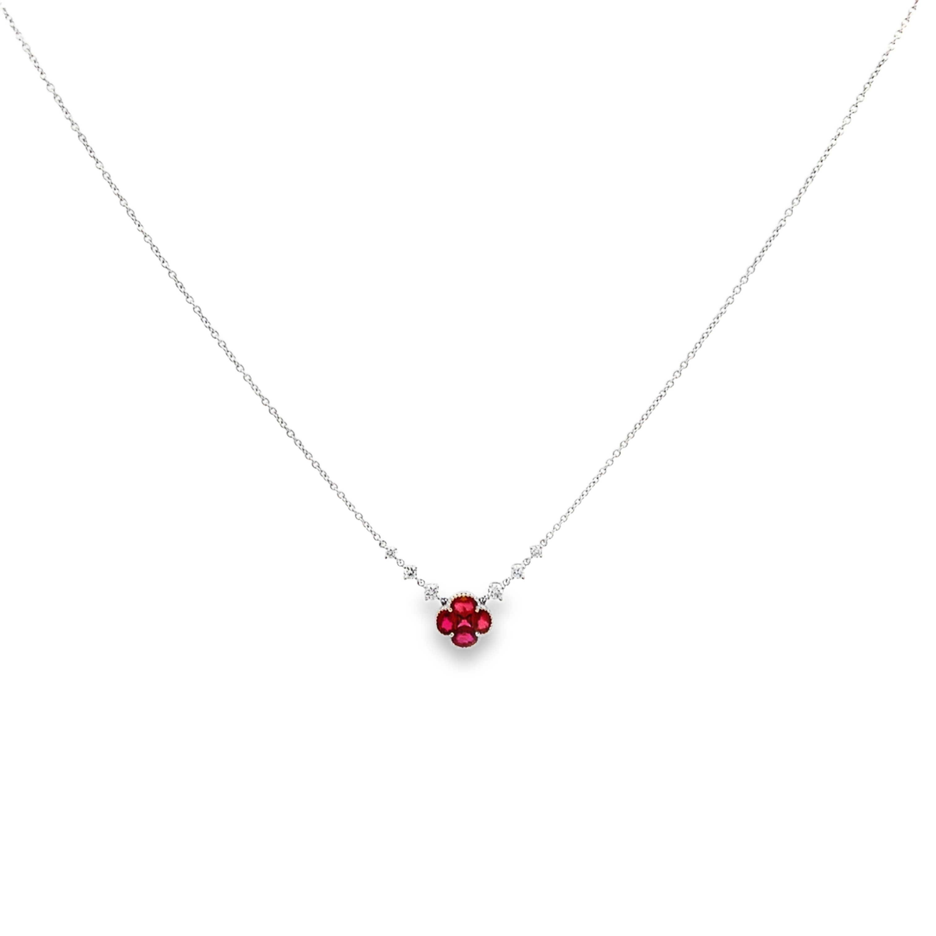 18K White Gold Clover-Shaped Ruby and Diamond Stations Necklace