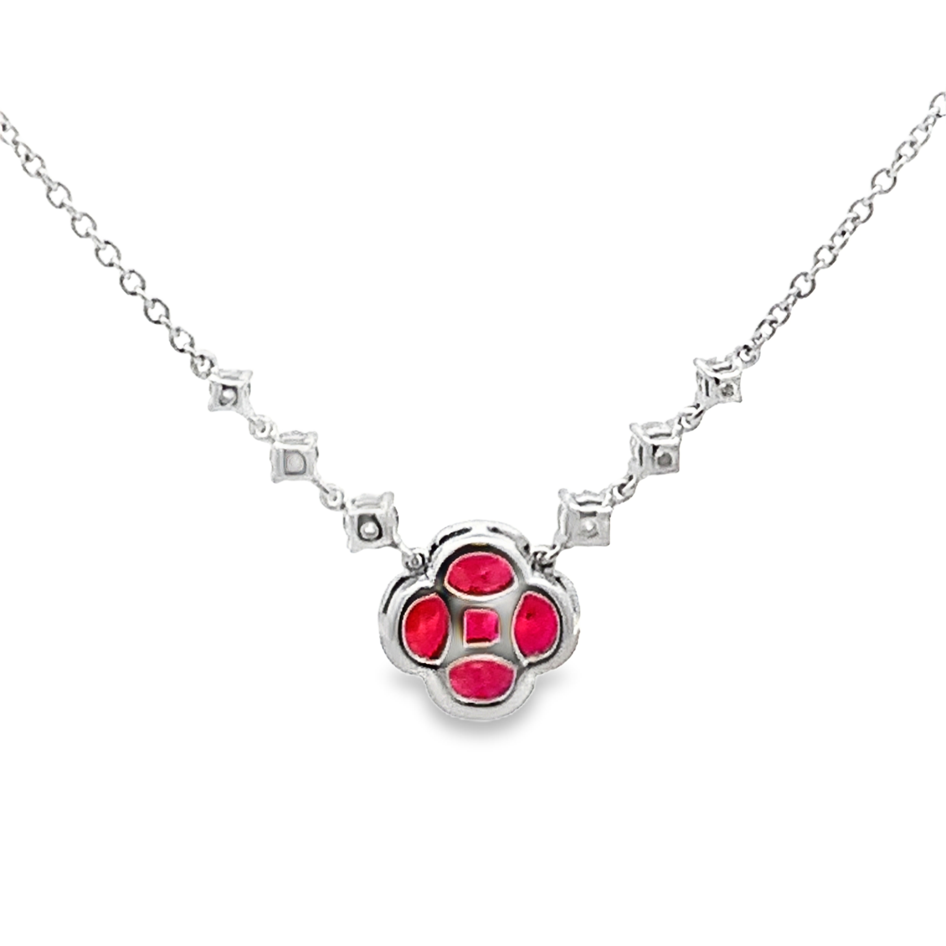 18K White Gold Clover-Shaped Ruby and Diamond Stations Necklace