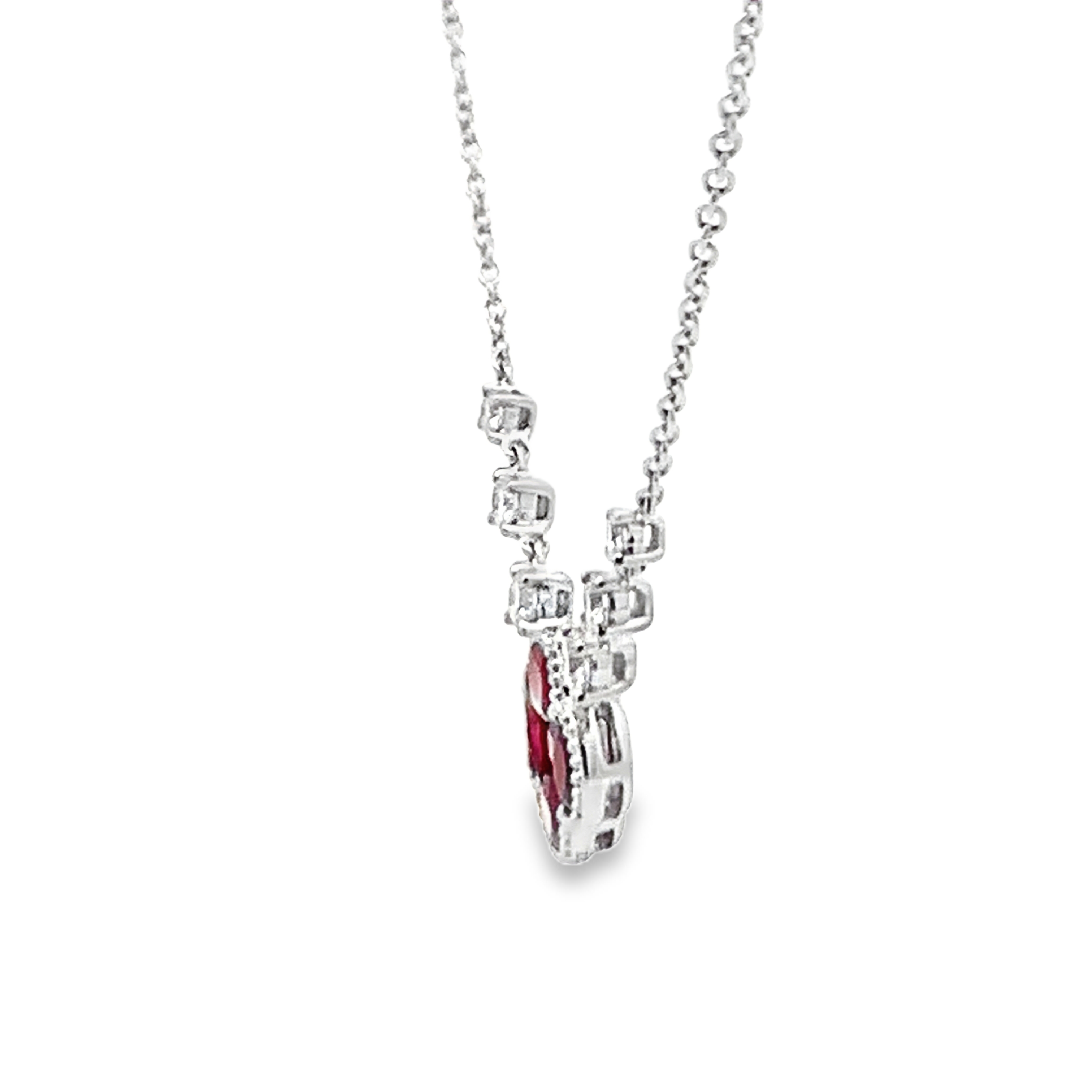 18K White Gold Clover-Shaped Ruby and Diamond Stations Necklace