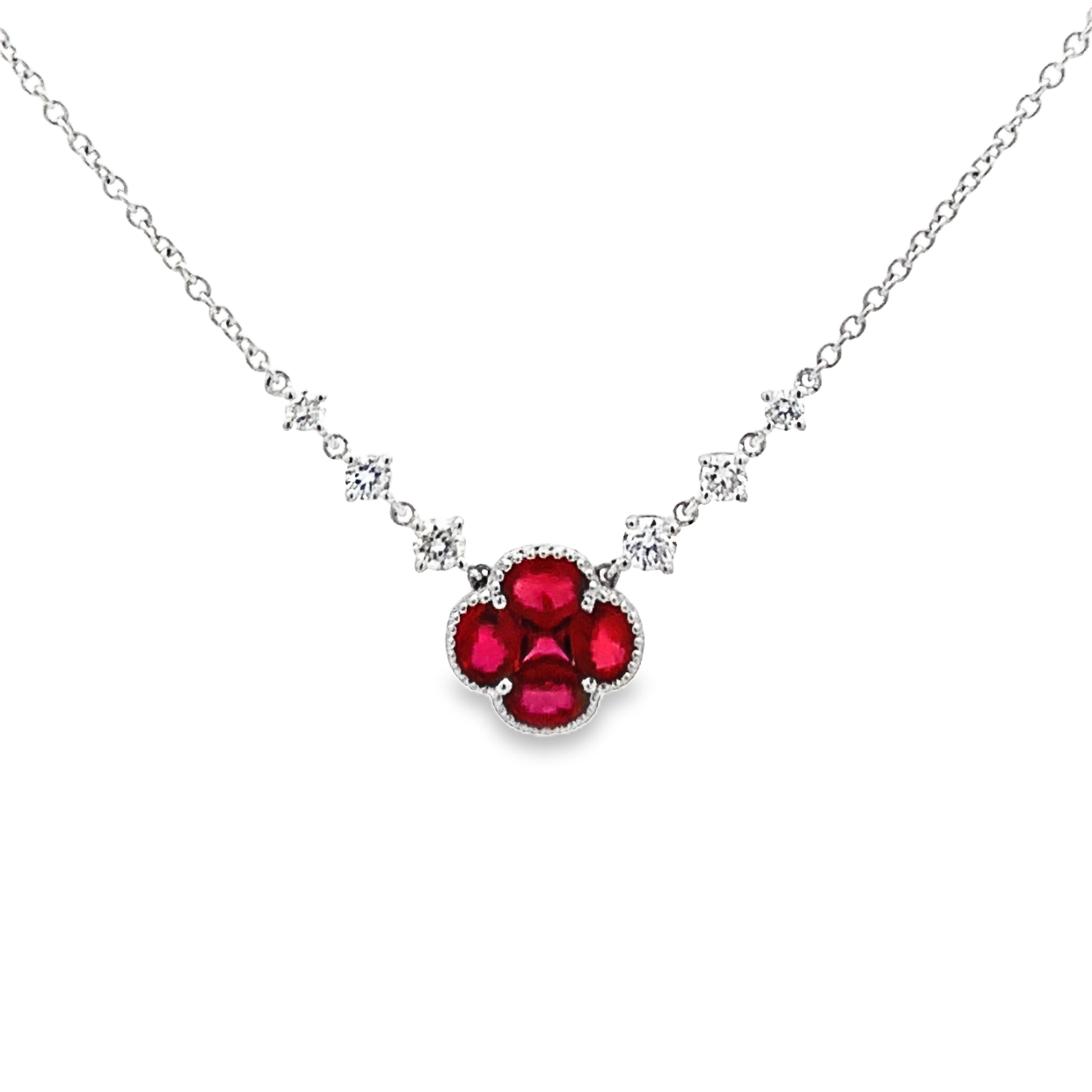 18K White Gold Clover-Shaped Ruby and Diamond Stations Necklace