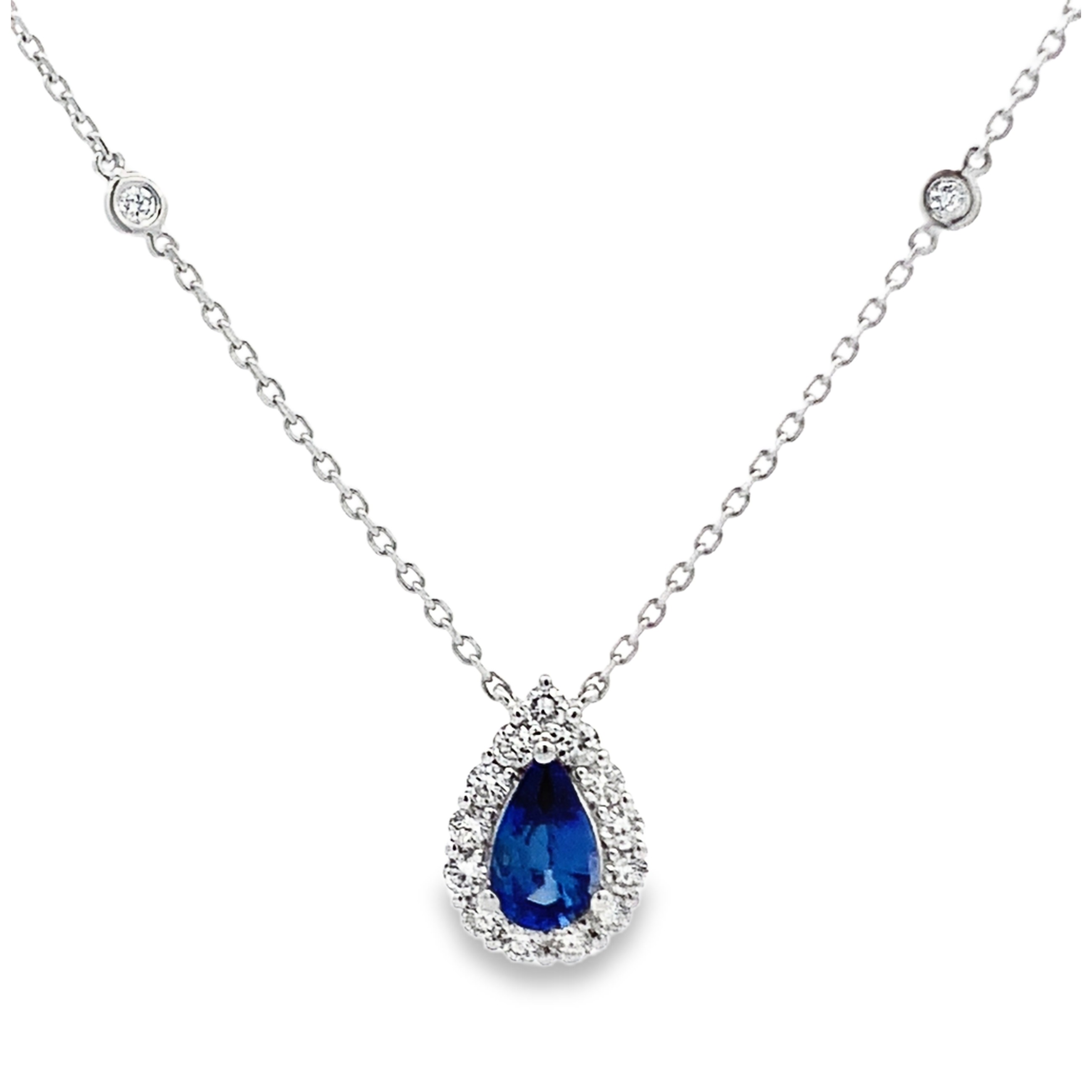 18K White Gold Pear Sapphire and Diamond Necklace