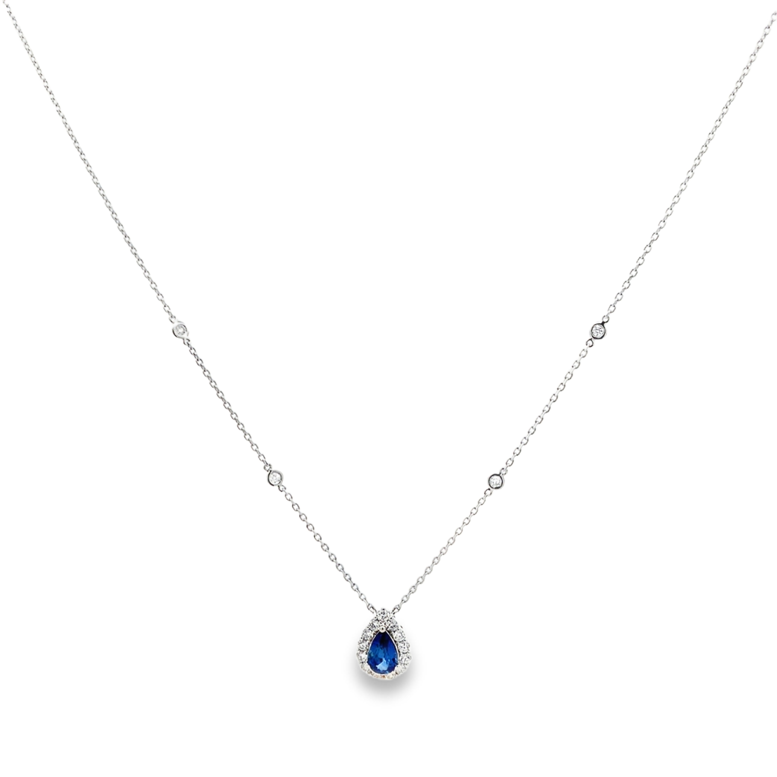 18K White Gold Pear Sapphire and Diamond Necklace