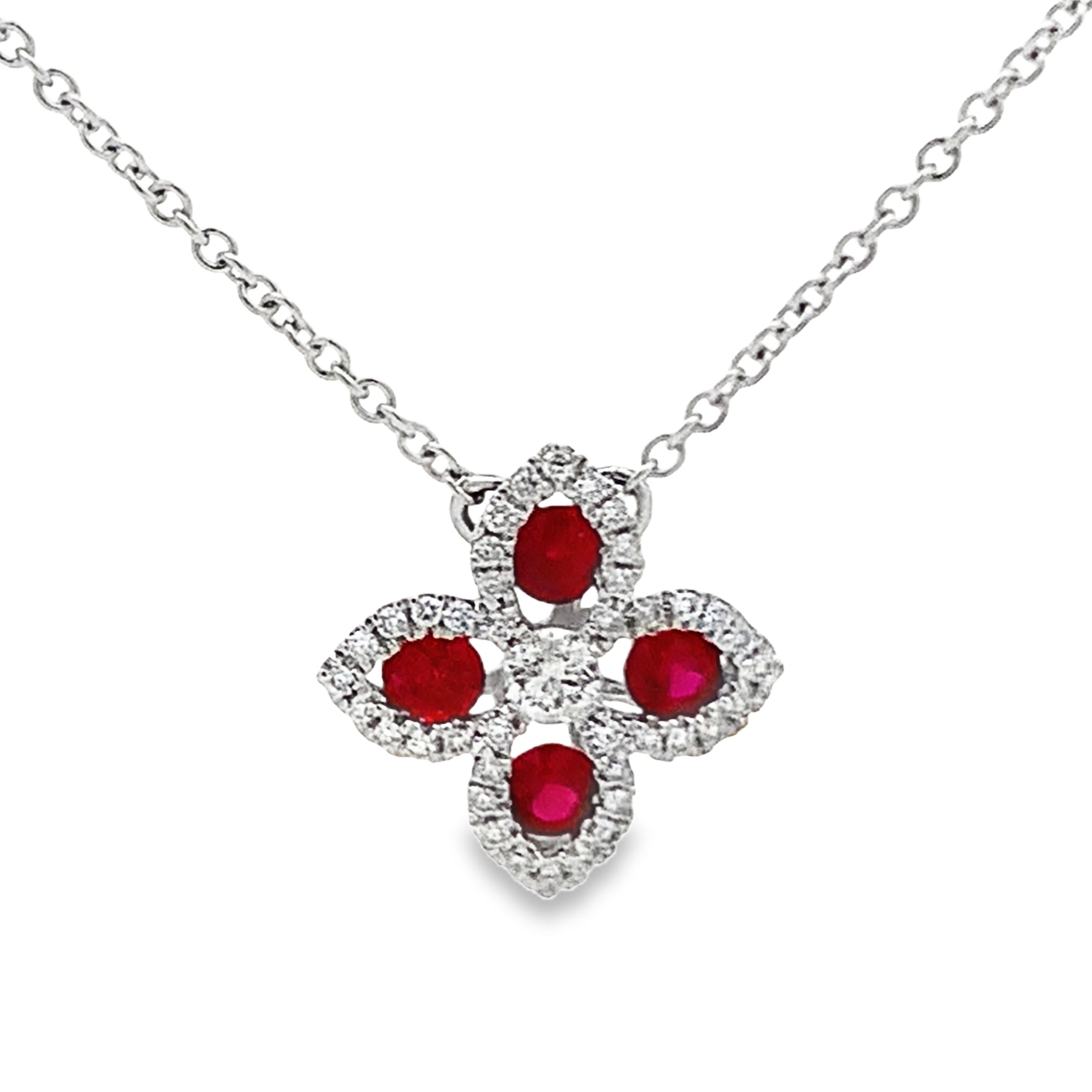 18K White Gold Diamond and Ruby Flower and Bezel-Set Diamond Station Necklace