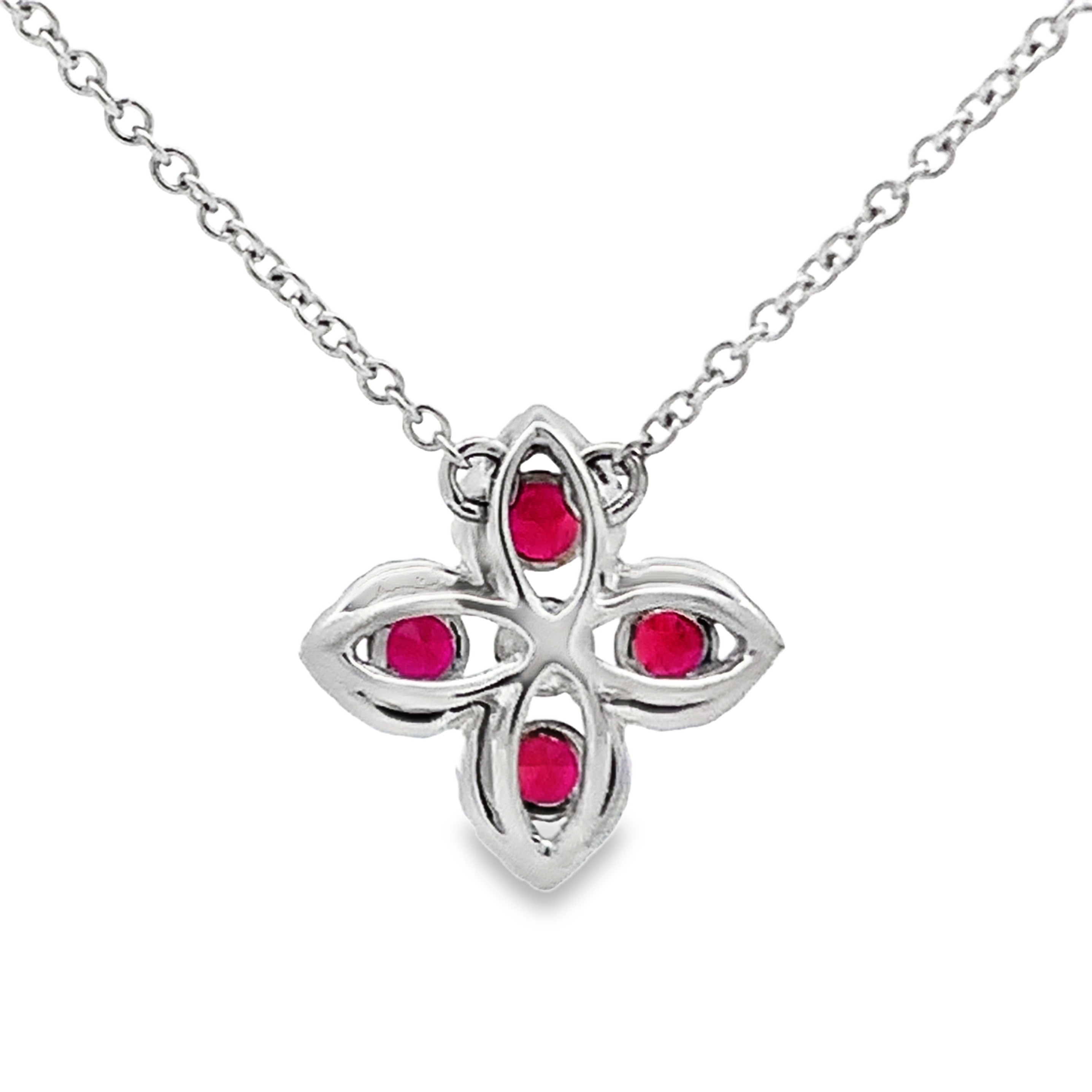 18K White Gold Diamond and Ruby Flower and Bezel-Set Diamond Station Necklace