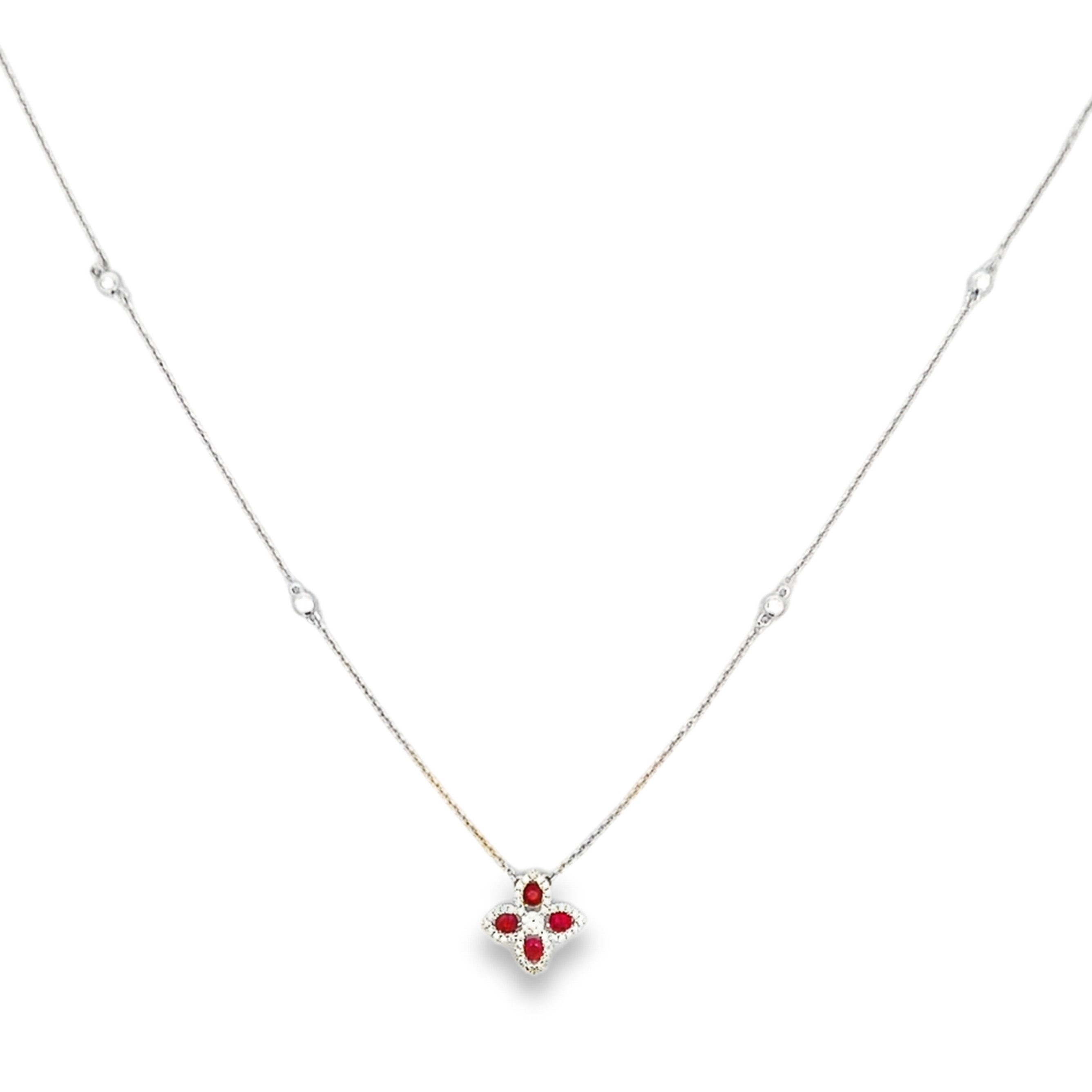 18K White Gold Diamond and Ruby Flower and Bezel-Set Diamond Station Necklace