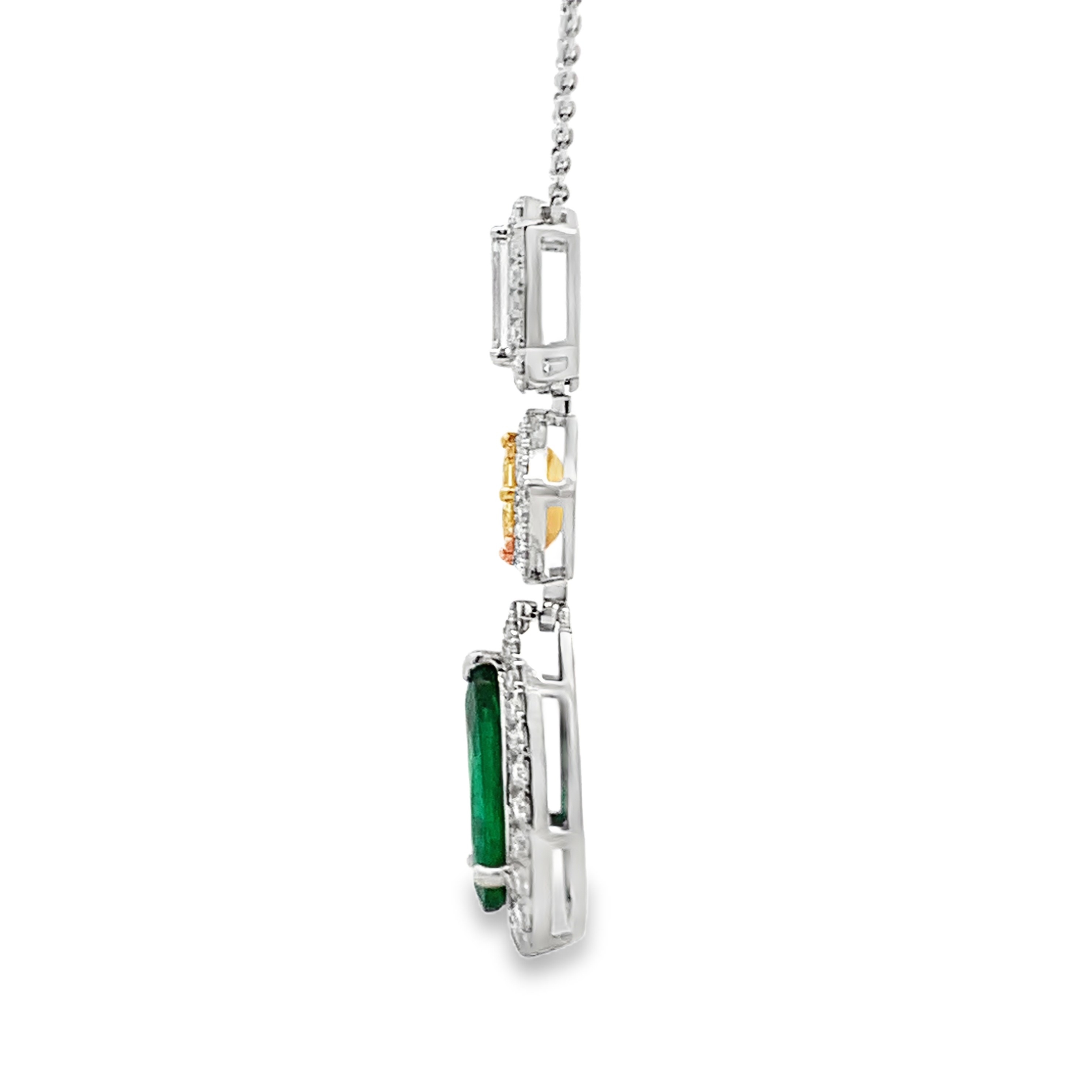 18K White & Yellow Gold Emerald and Diamond Dangling Necklace