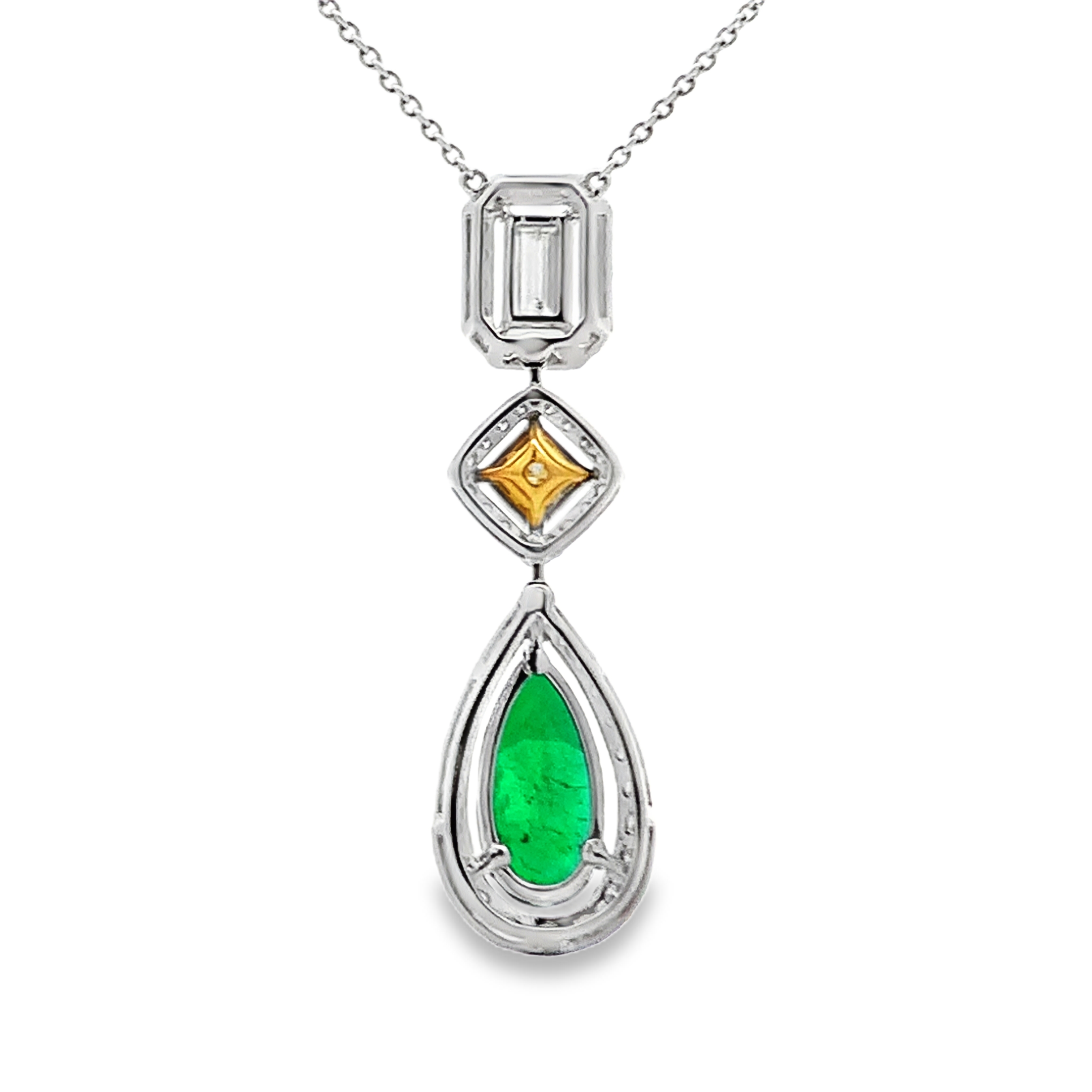 18K White & Yellow Gold Emerald and Diamond Dangling Necklace