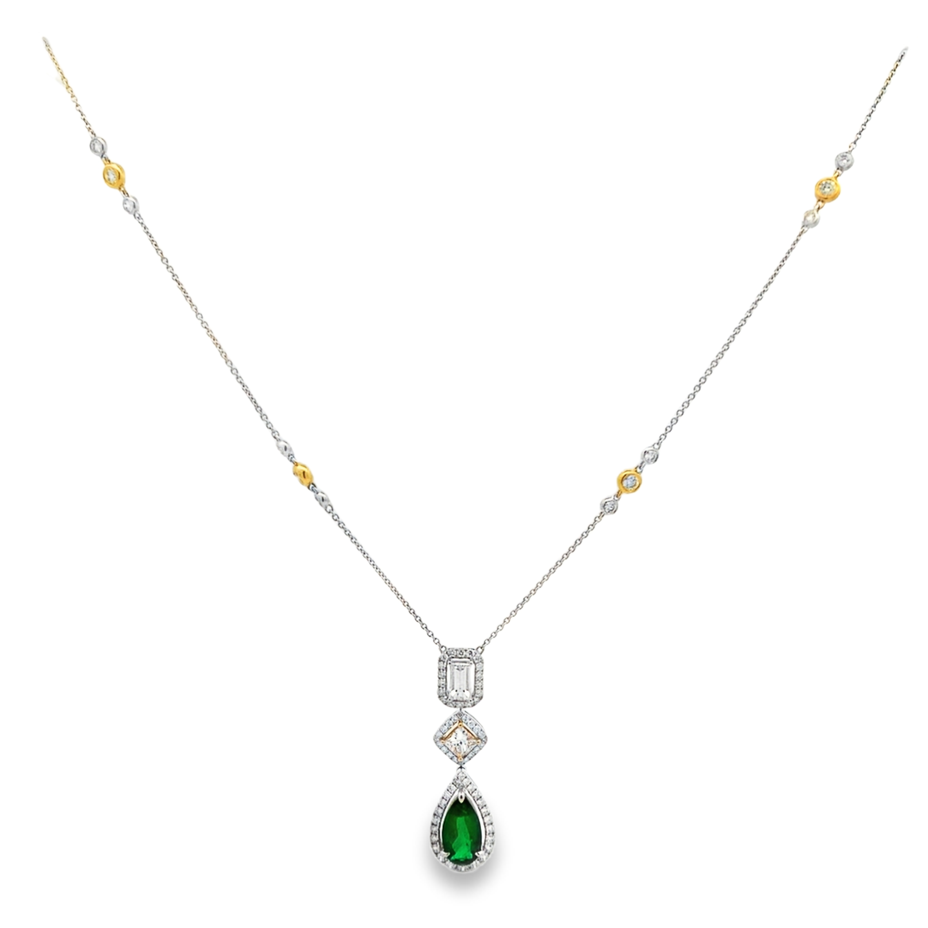 18K White & Yellow Gold Emerald and Diamond Dangling Necklace