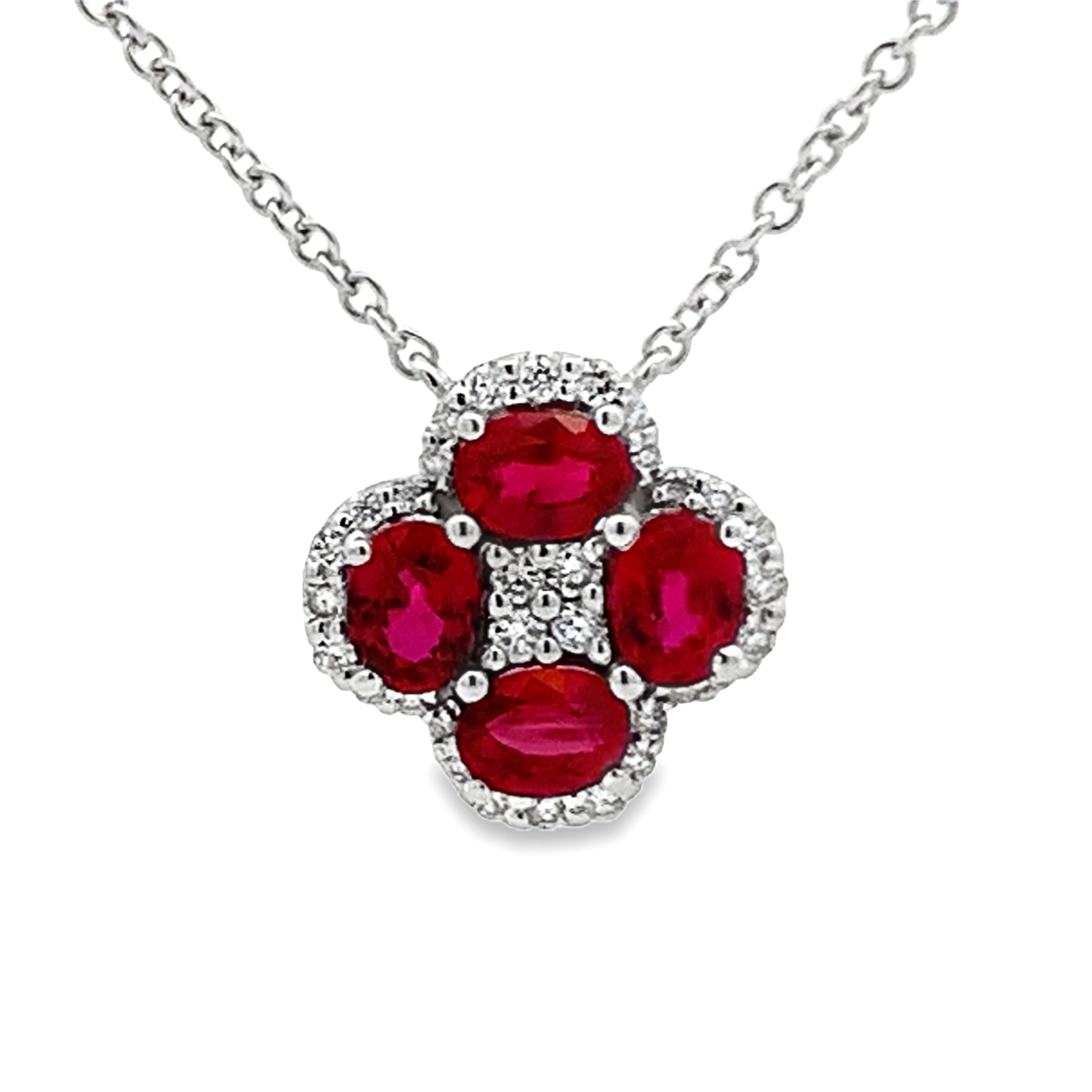 18K White Gold Ruby and Diamond Clover Necklace